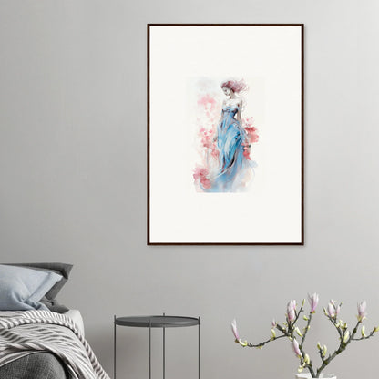 Framed watercolor wall art of a figure in a blue dress for stylish room decoration