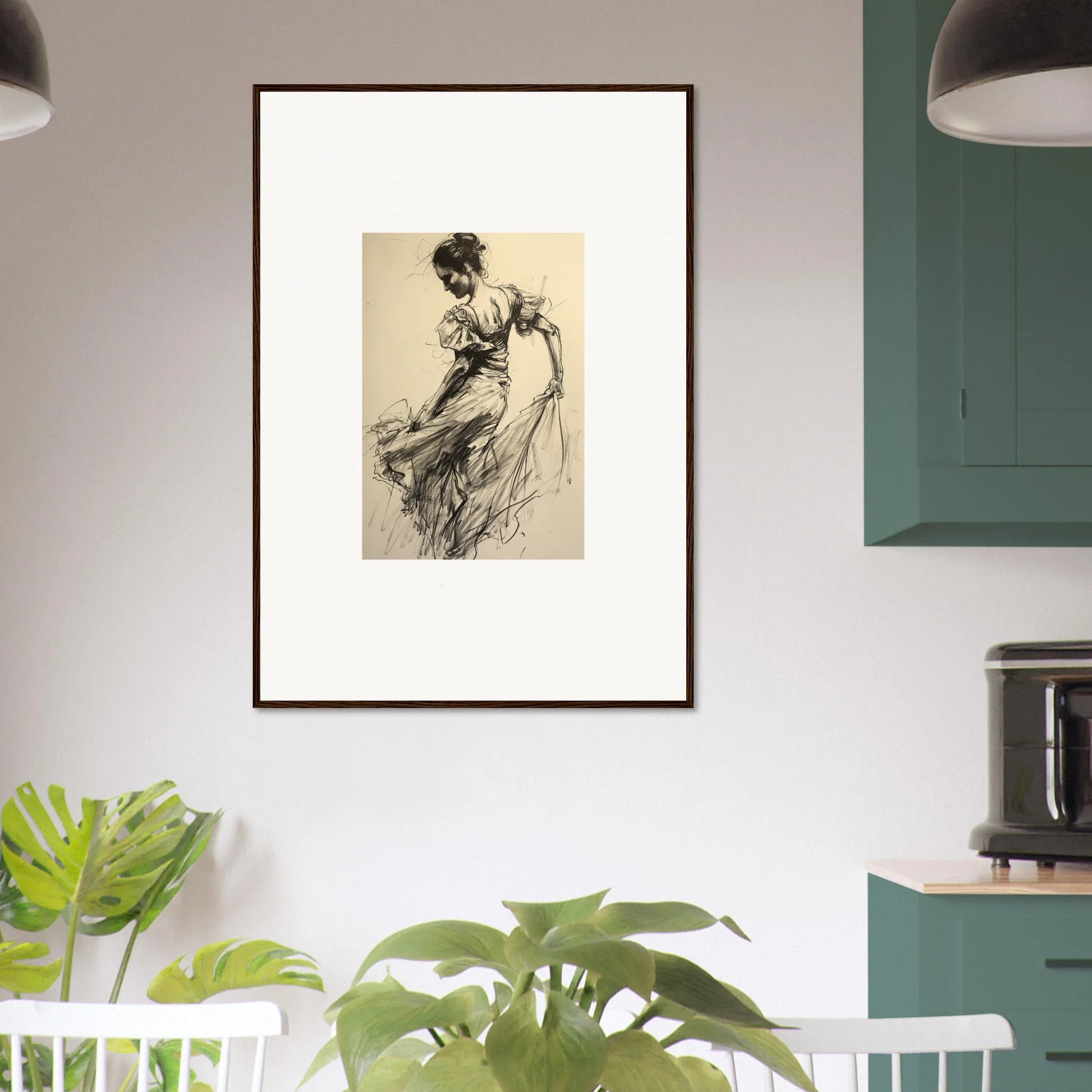 Framed vintage sketch of a graceful woman in flowing dress in Shadow Waltz special edition art™