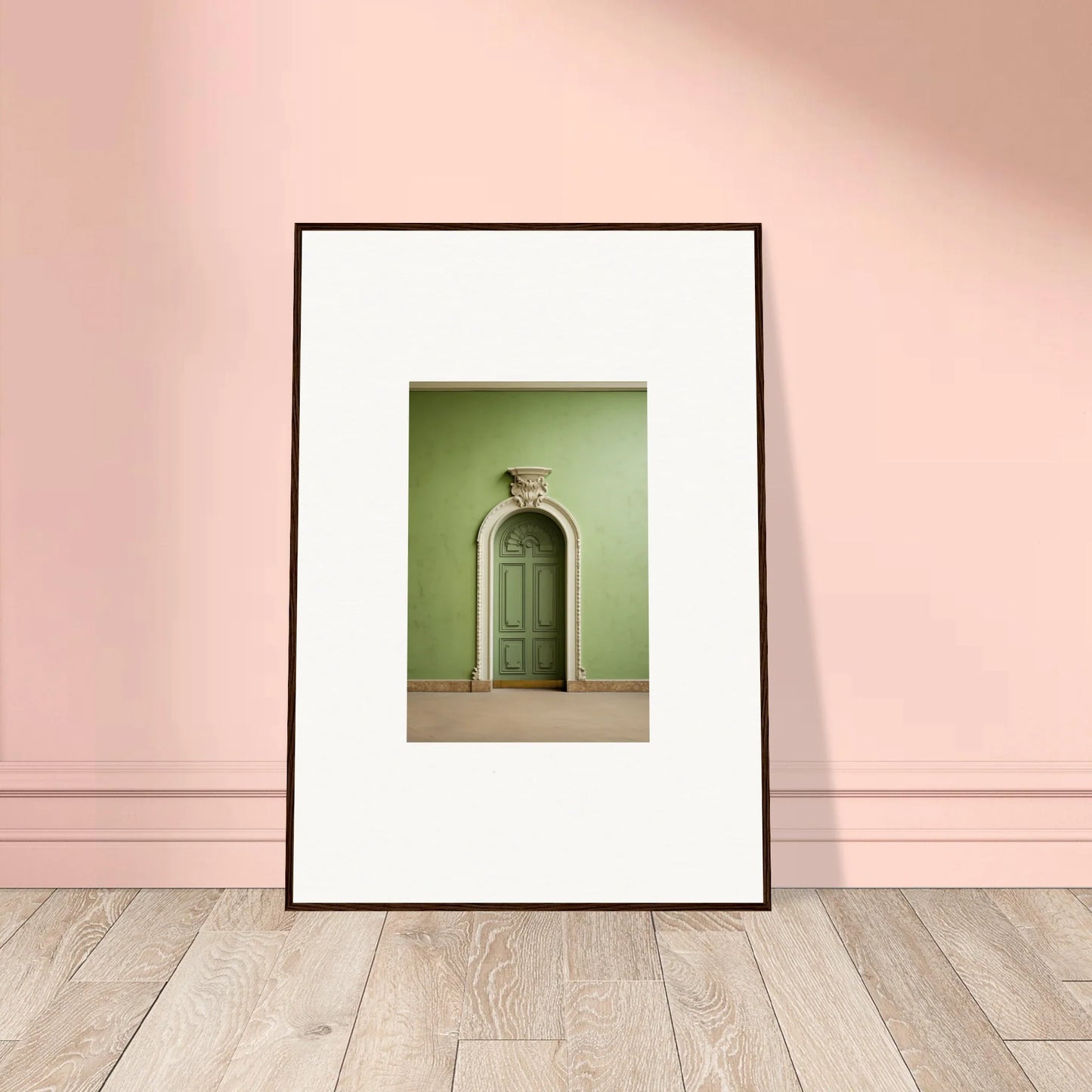 Framed wall art of a mint green arched door in Verdant Illusion Sphere design