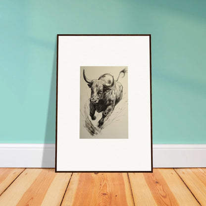 Framed black and white sketch of a charging bull for Ebullient Storm Release art