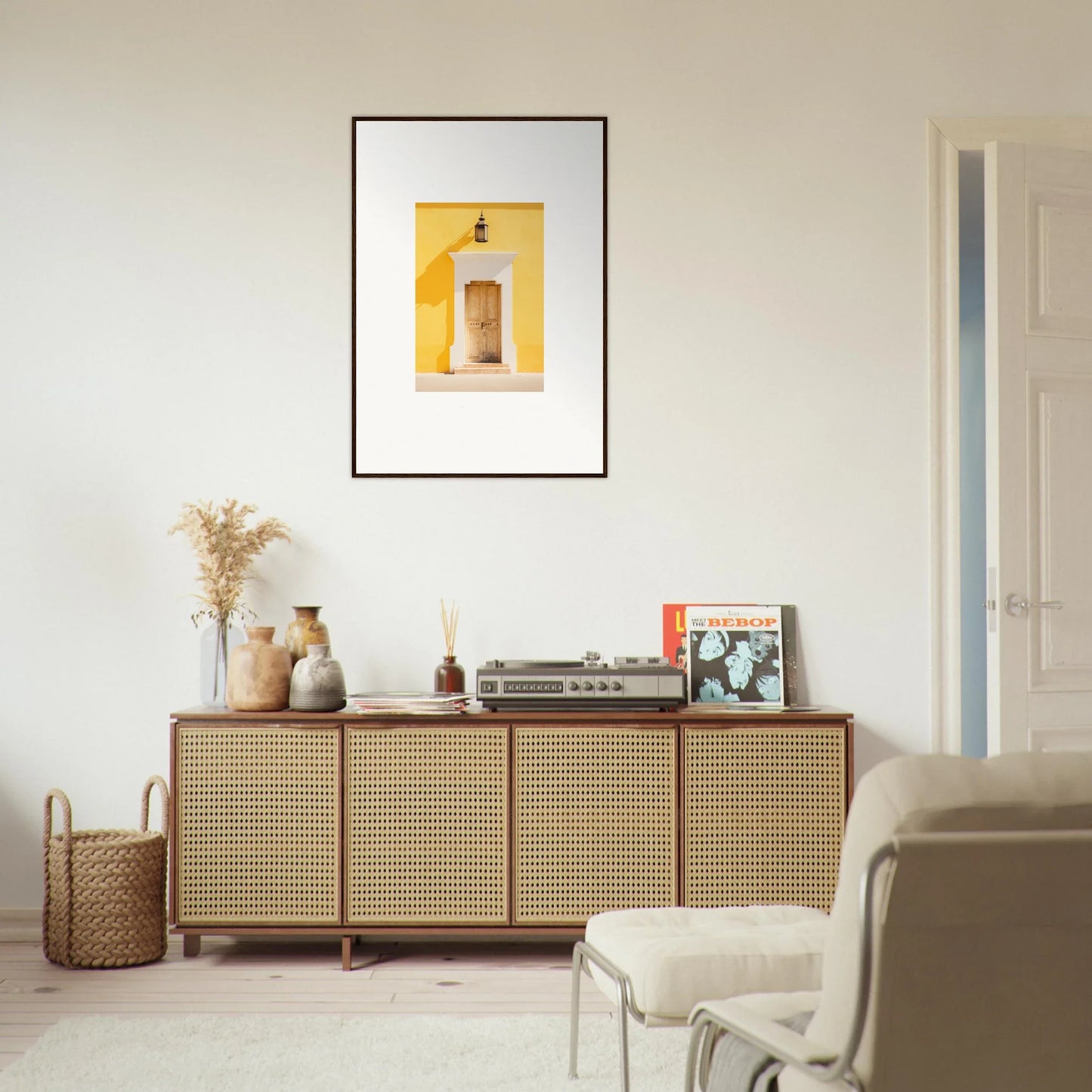 Rattan-fronted wooden credenza from the Golden Hue Portal, perfect for stylish storage