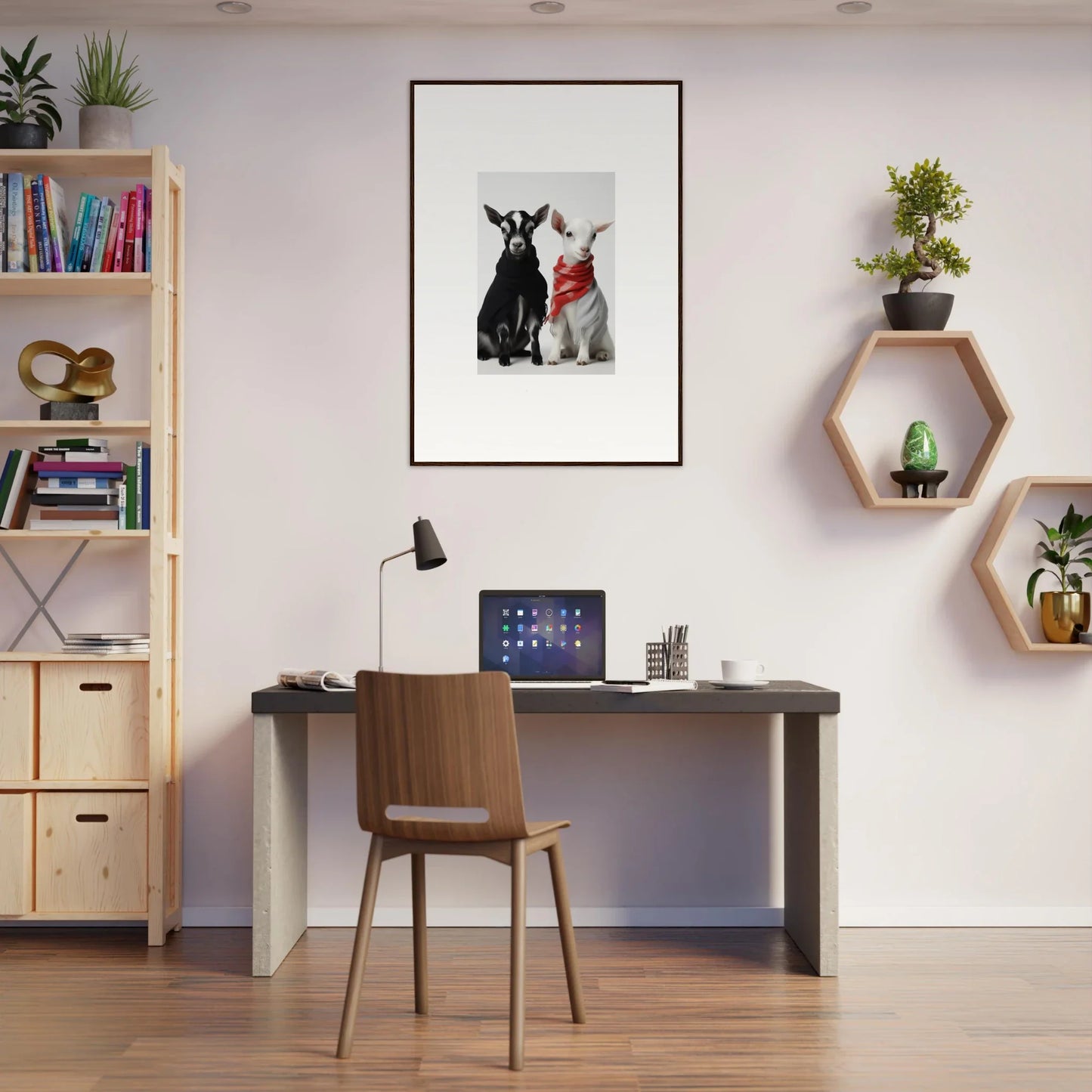 Cozy Simple home office with a dark desk, wooden chair, and Rainbow Twin Dreams art