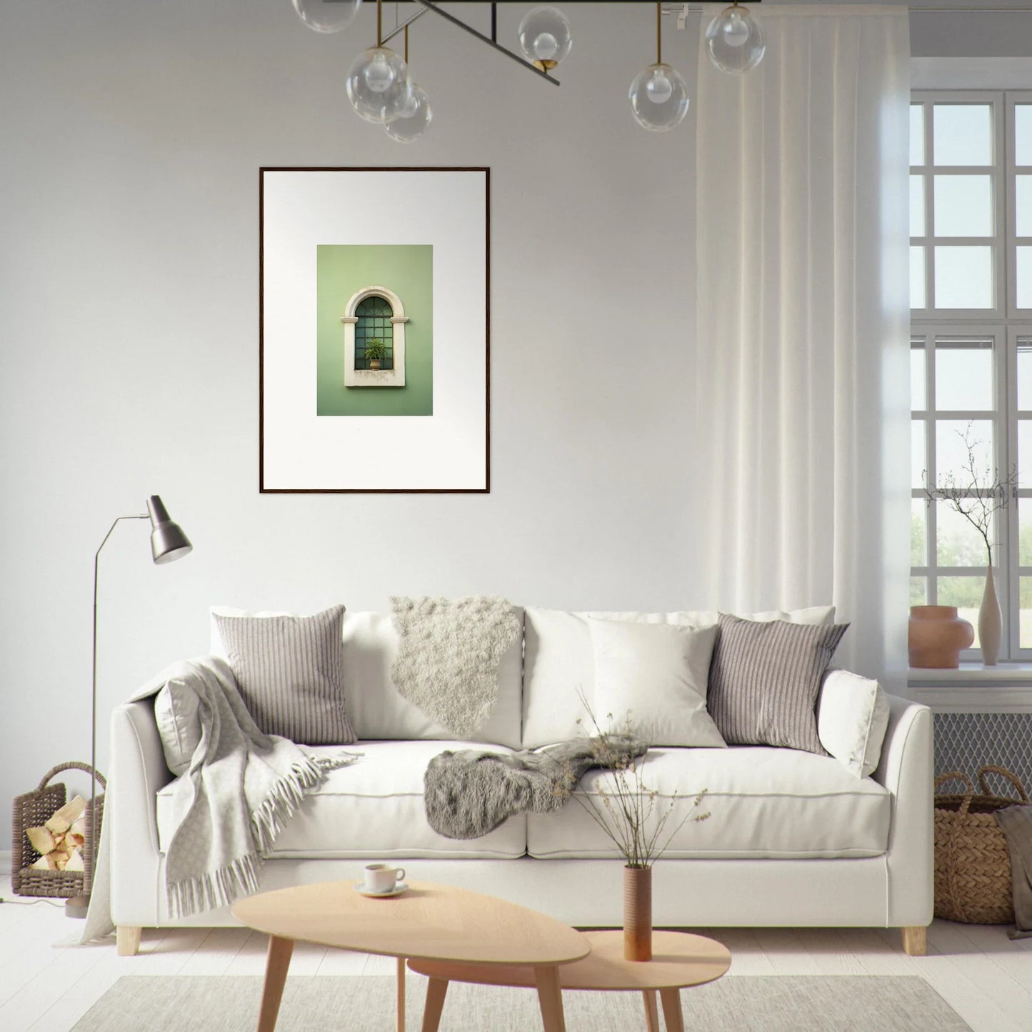 White upholstered sofa with gray pillows and blankets in Eggshell PandæmonIA Bliss