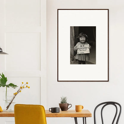 Framed black and white vintage photo on white wall for Ephemeral Joy Imbibed art