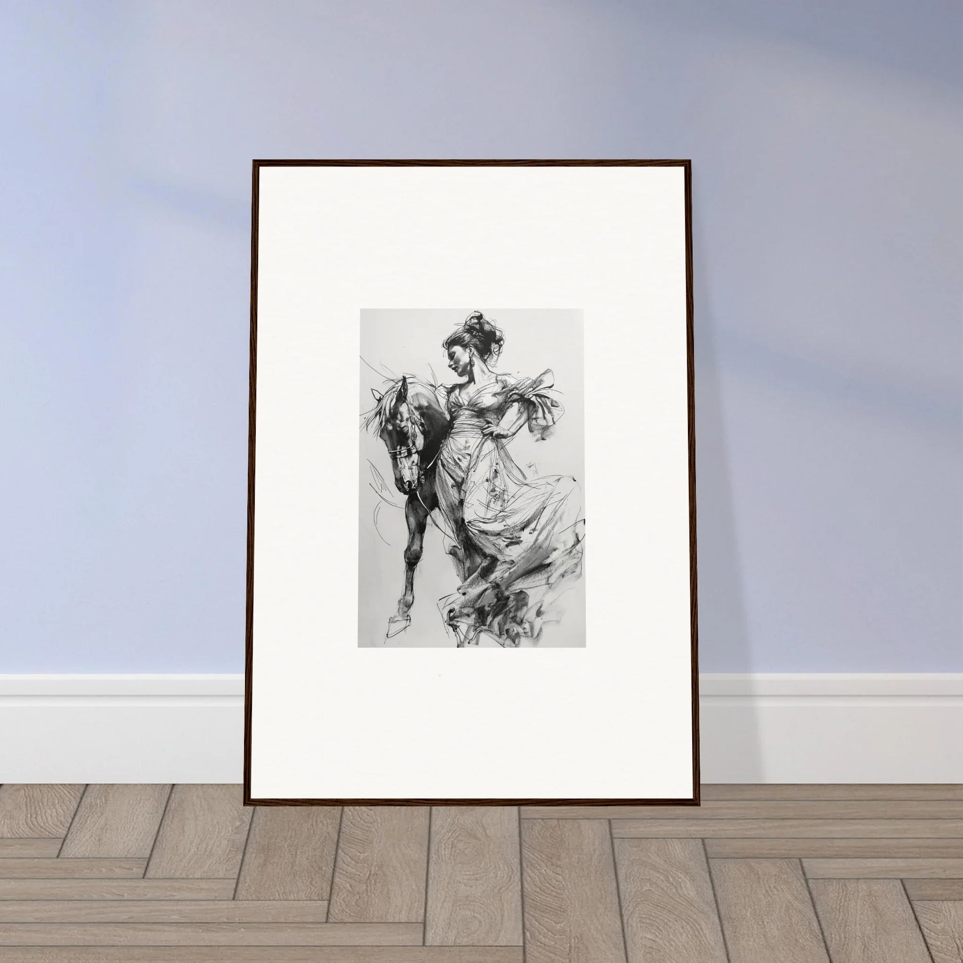 Framed black and white sketch of horse and rider from Thoughts Unbridled Dance art