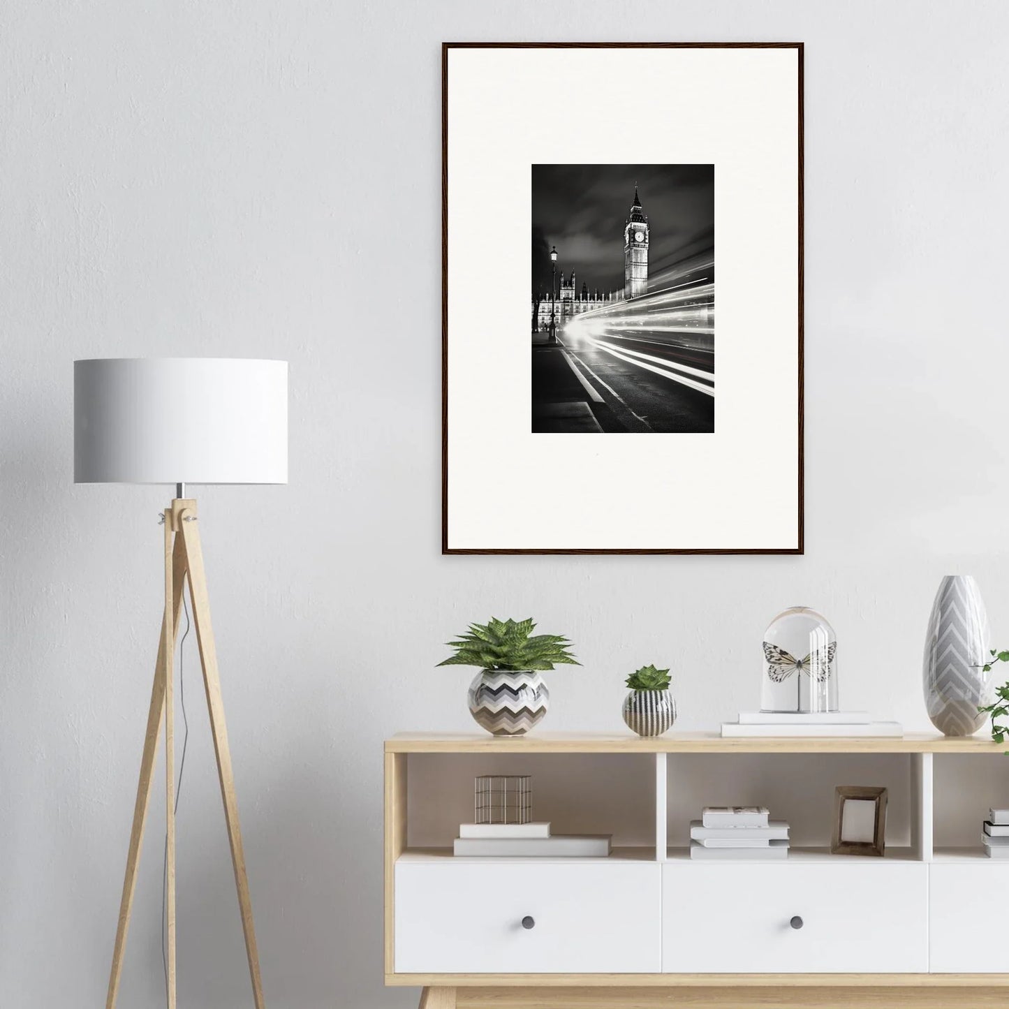 Black and white framed photograph of Big Ben with light trails for premium framed wall art