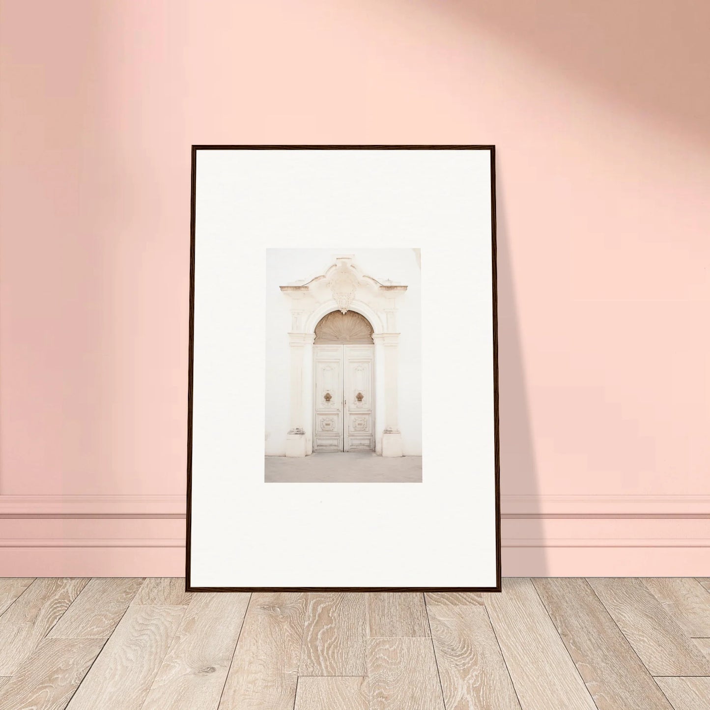 Framed wall art of a white arched doorway, part of Faded Elegance Whispers series