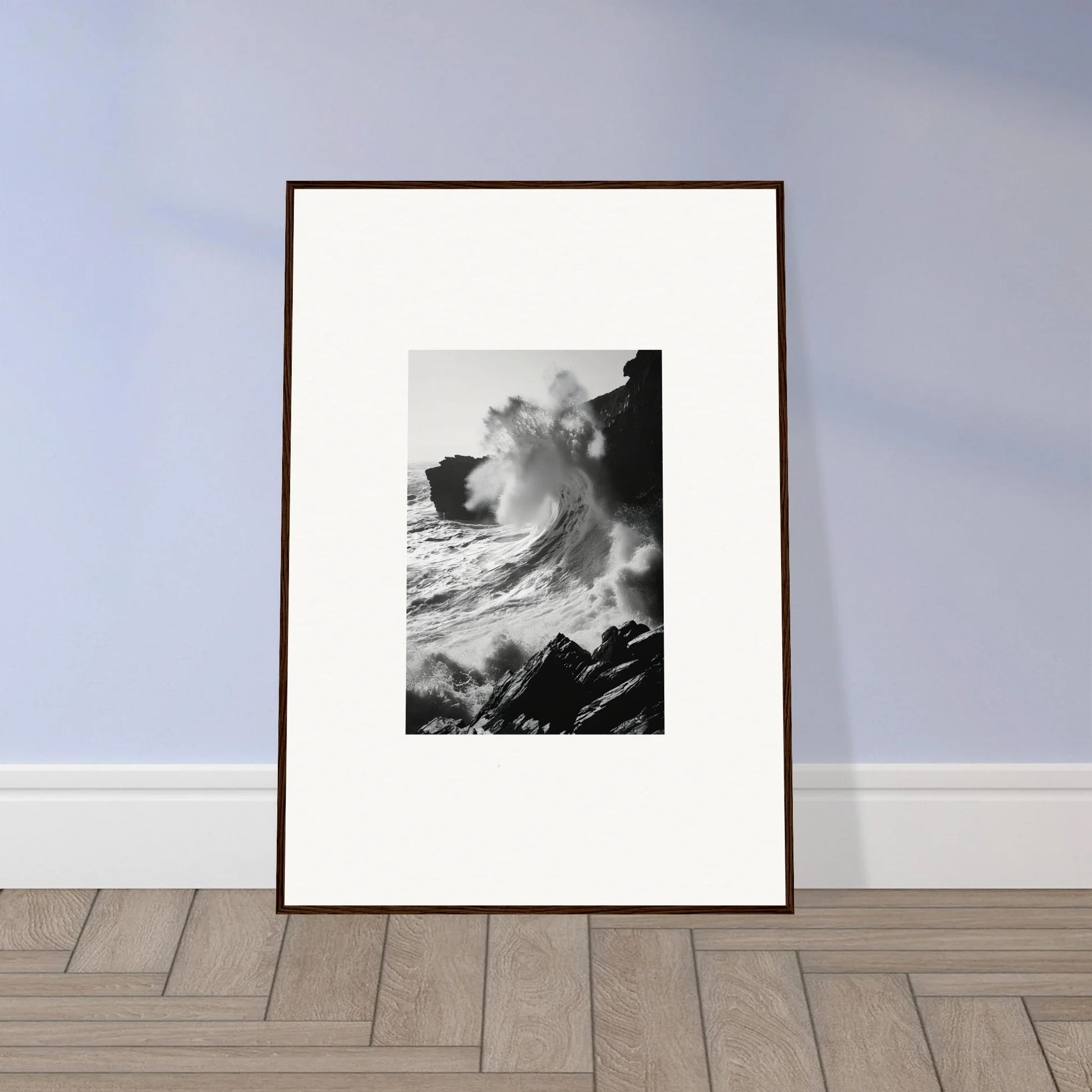 Framed black and white photo of ocean waves for Incandescent Wave Tribute art