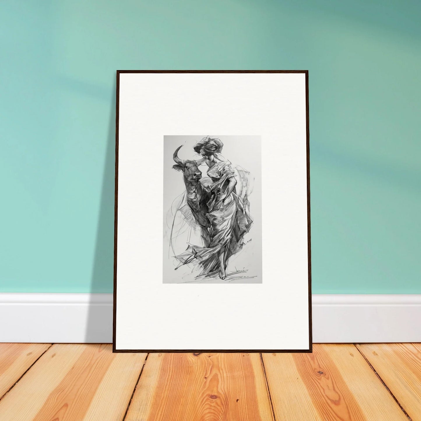 Framed black and white sketch of a dancing figure for Ebullient Abstract Liaisons