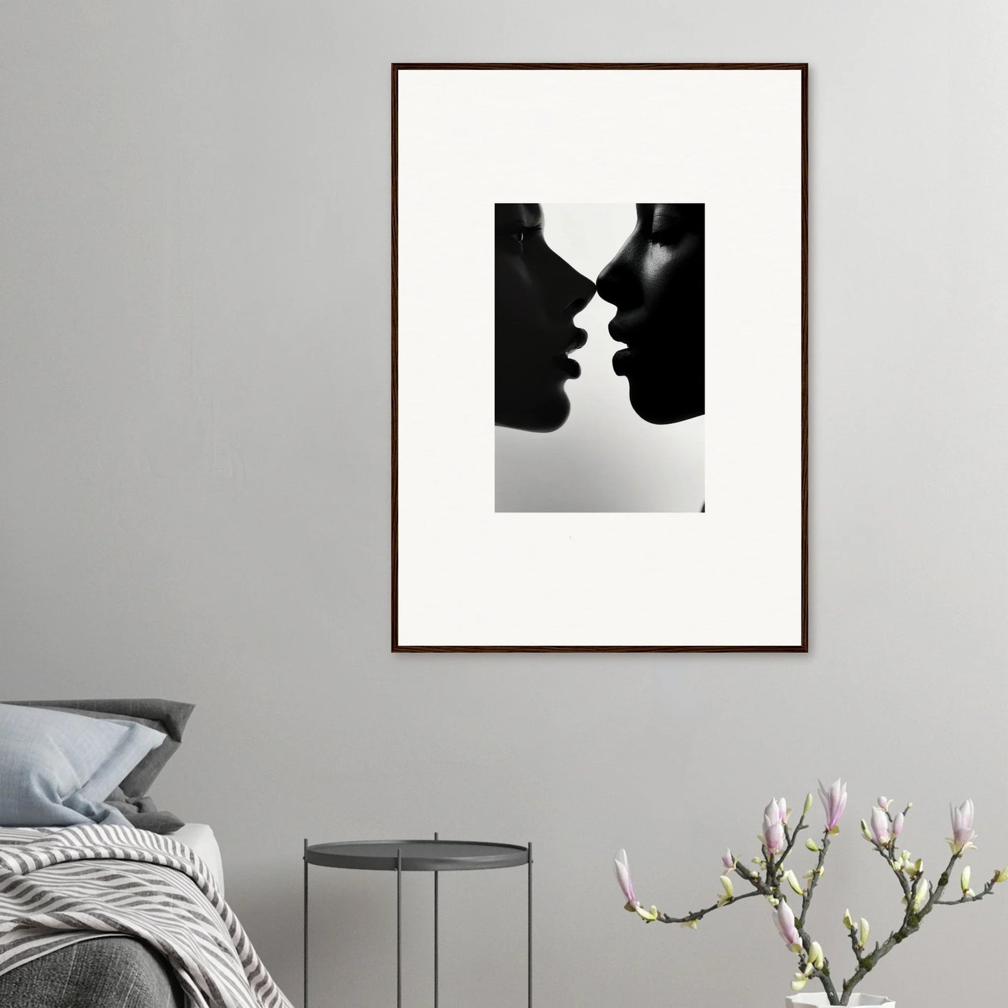 Black and white silhouettes of two profiles for Narcissus Mirror Haze framed wall art