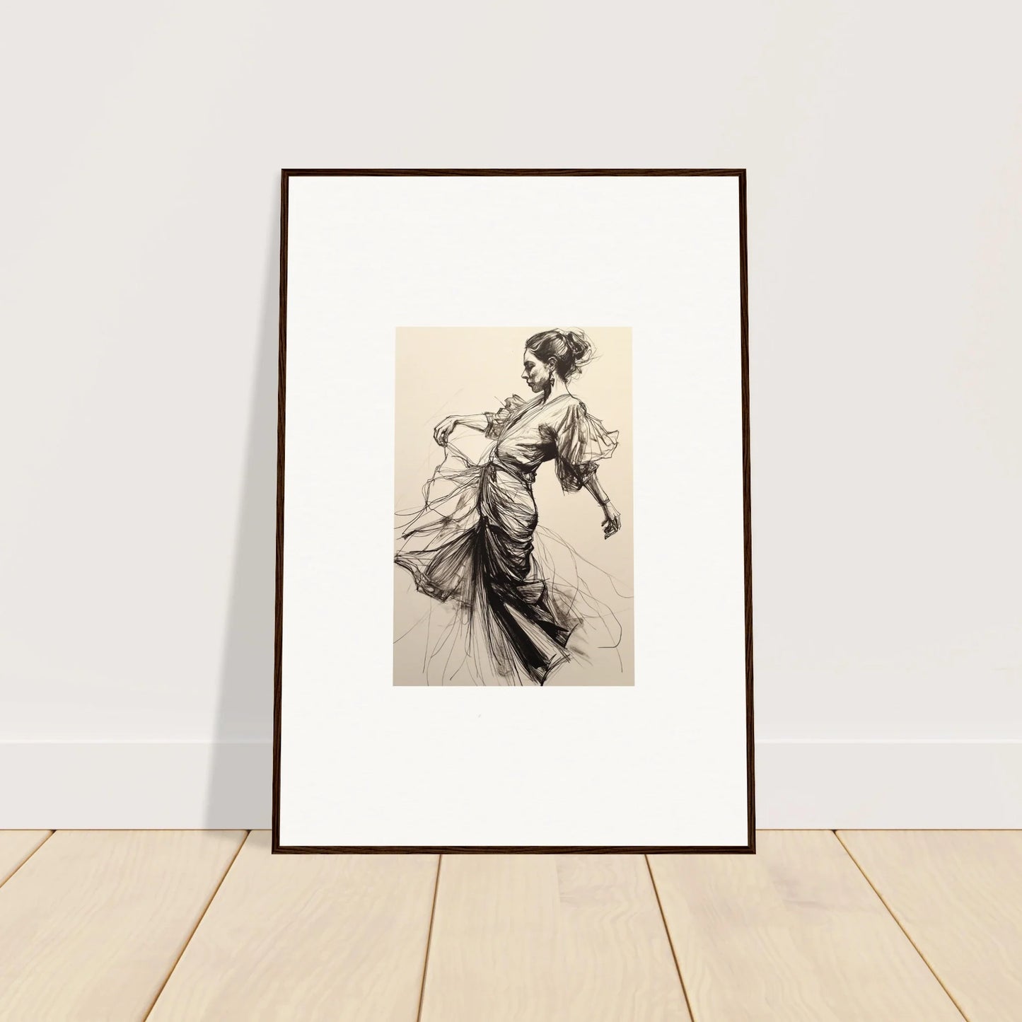 Framed wall art of a woman in flowing dress titled Ephemeral Ink Serenade