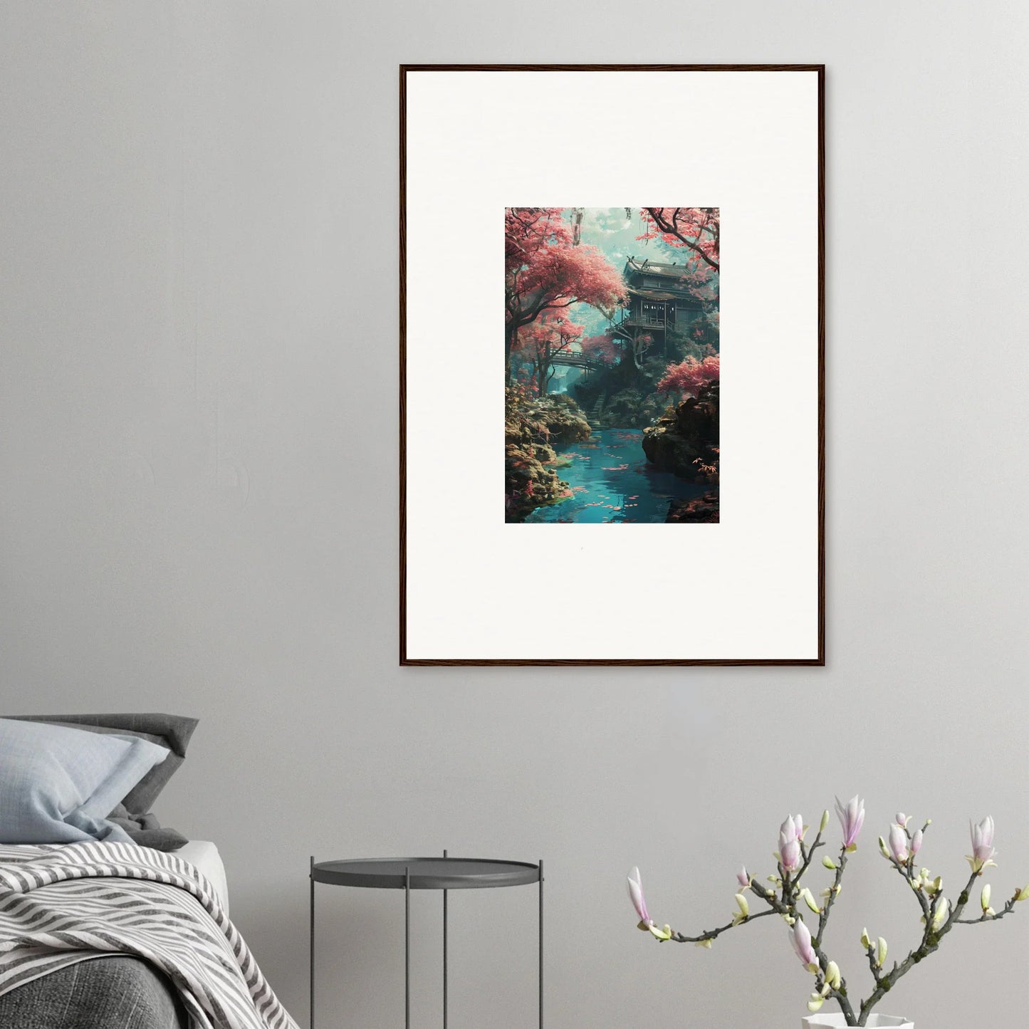 Framed wall art of a Japanese pagoda with cherry blossoms in Magenta Spirals Oscillate