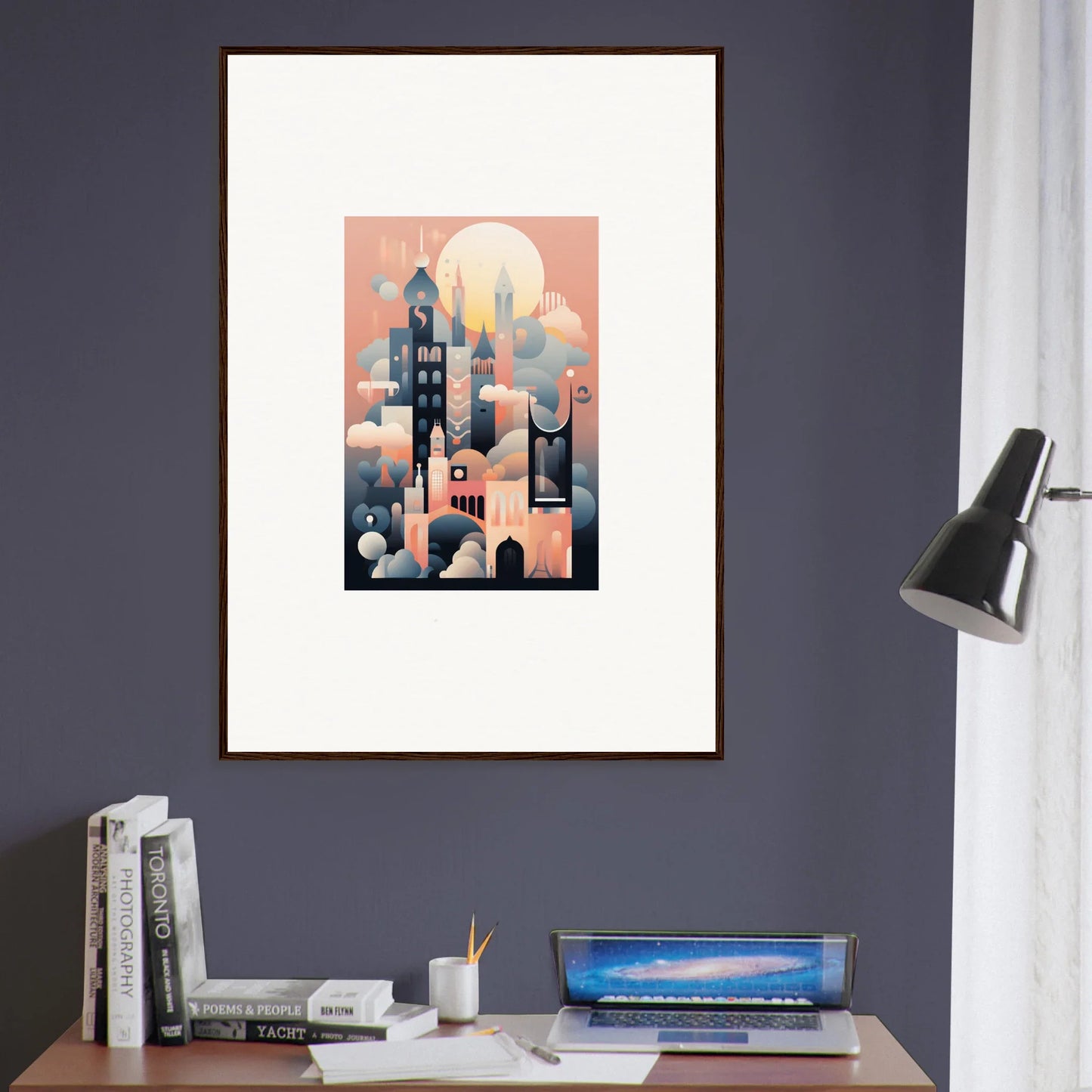 Framed art print of Ephemeral Castle Whispers with geometric cityscape and sunset