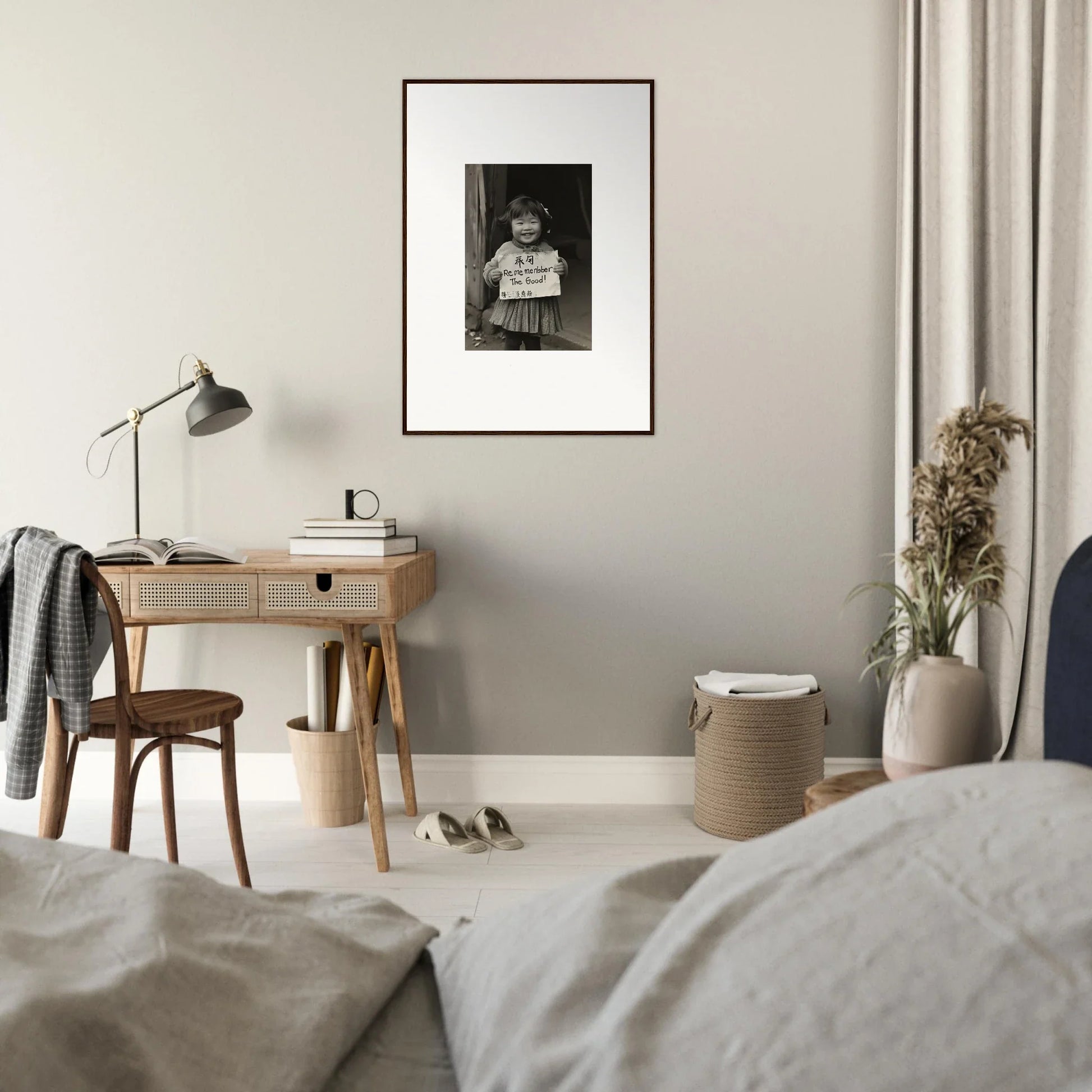 Minimalist bedroom workspace with wooden desk and Ephemeral Joy Imbibed framed wall art