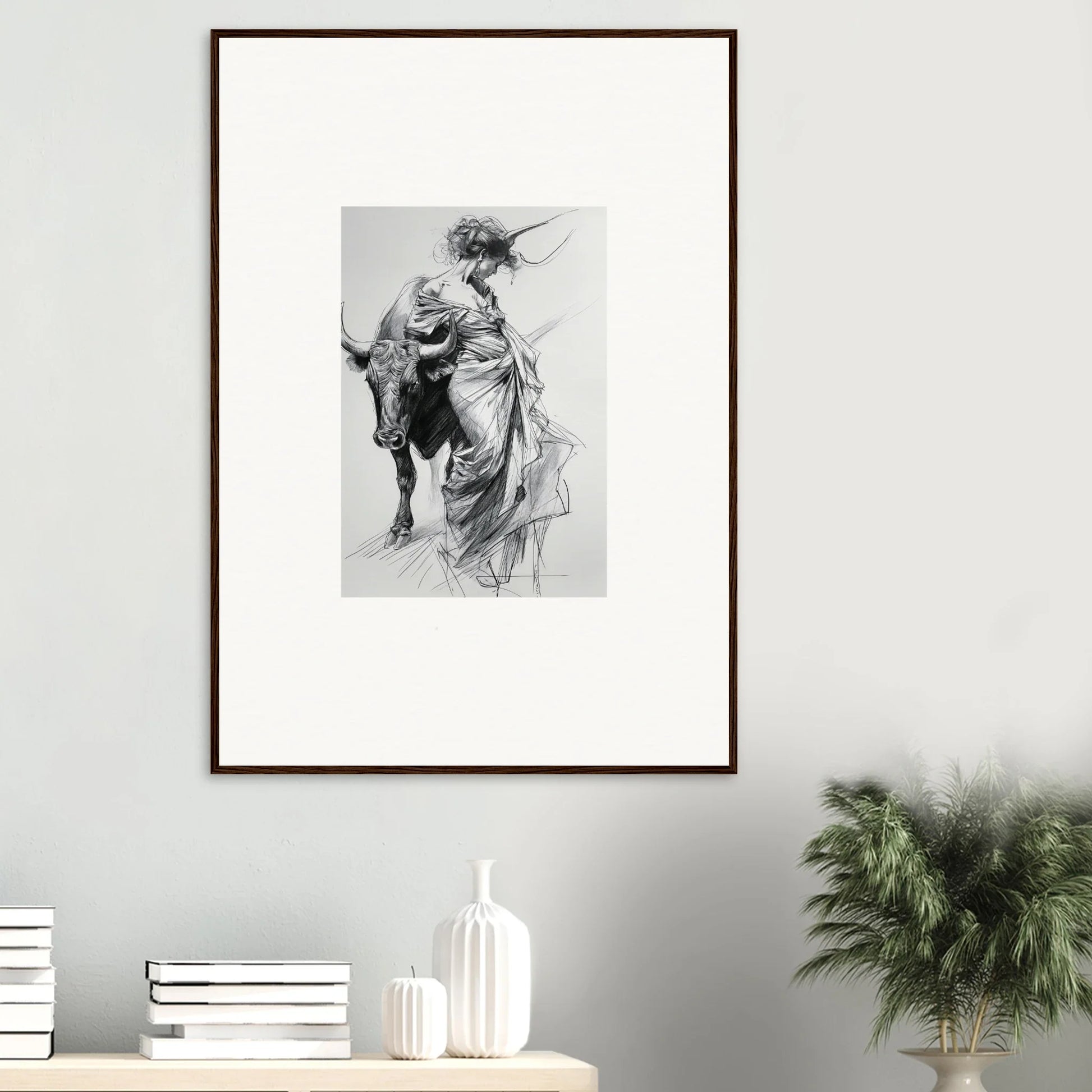 Framed black and white sketch of a dancer in flowing fabric for Minotaur’s Melodic Siesta