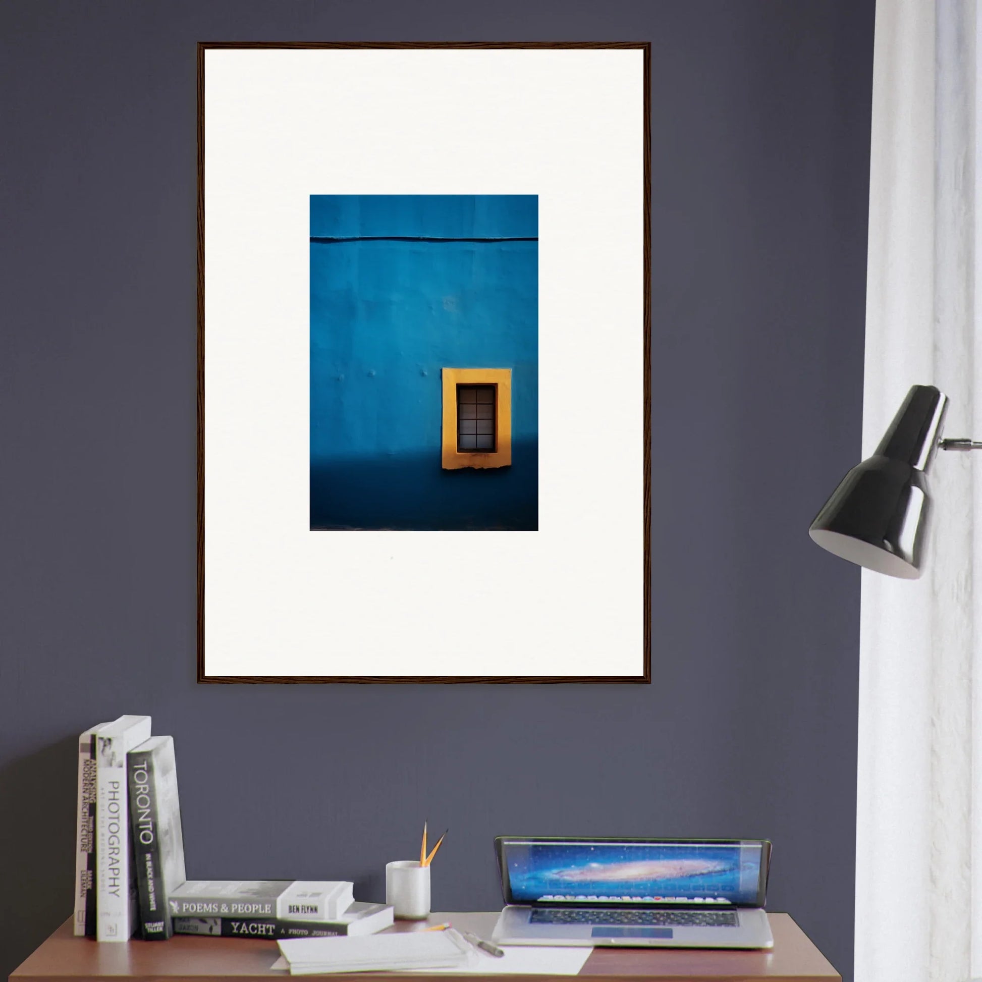 Framed minimalist art of a yellow window on a blue wall in Hypercolor Dreamscape Longitude