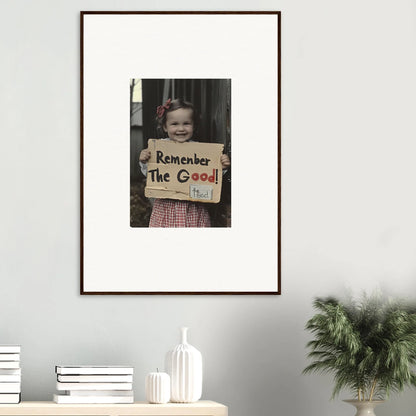 Framed black and white photo of a child with a Remember The Good sign in Smiles Forlornly Singing