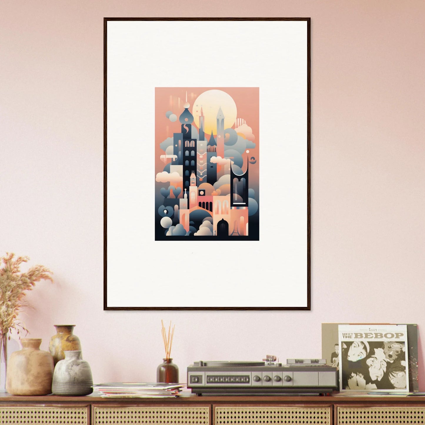 Framed geometric art print of Ephemeral Castle Whispers with sunset towers and moon