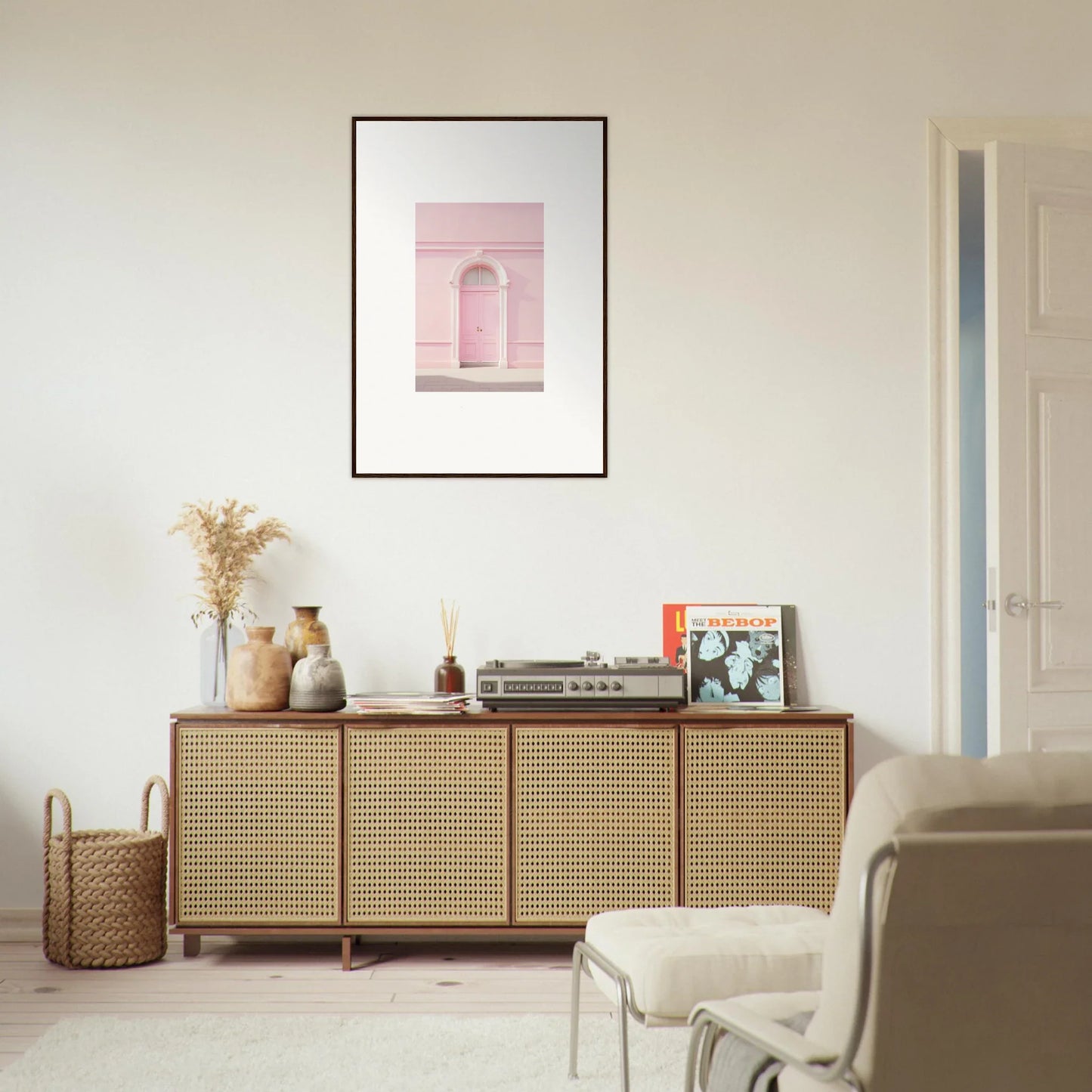 Rattan-fronted wooden credenza named Pearly Baccarat Dream with four stylish cabinet doors