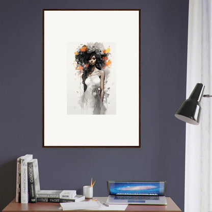 Artistic watercolor portrait of flowing dark hair with orange flowers in Ethereal Echoes Blossoms