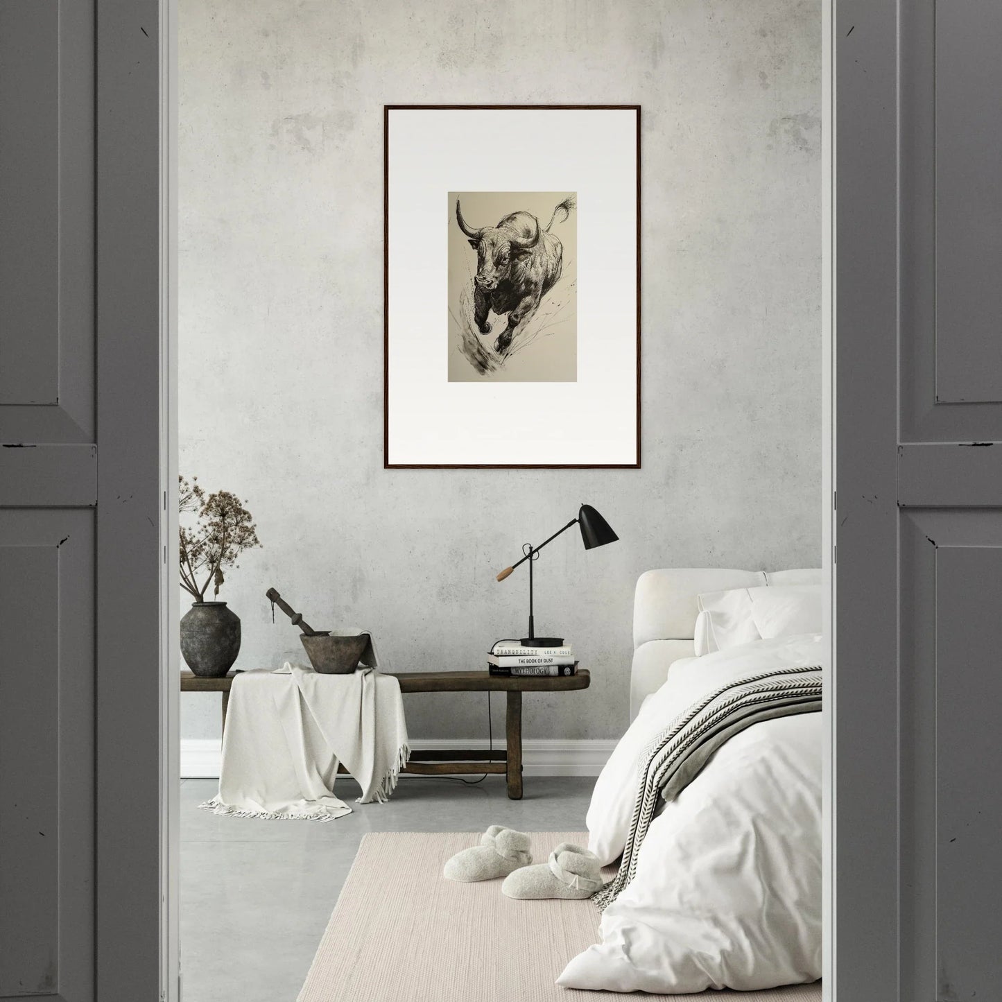 Monochromatic bedroom with minimalist decor and Ebullient Storm Release framed wall art