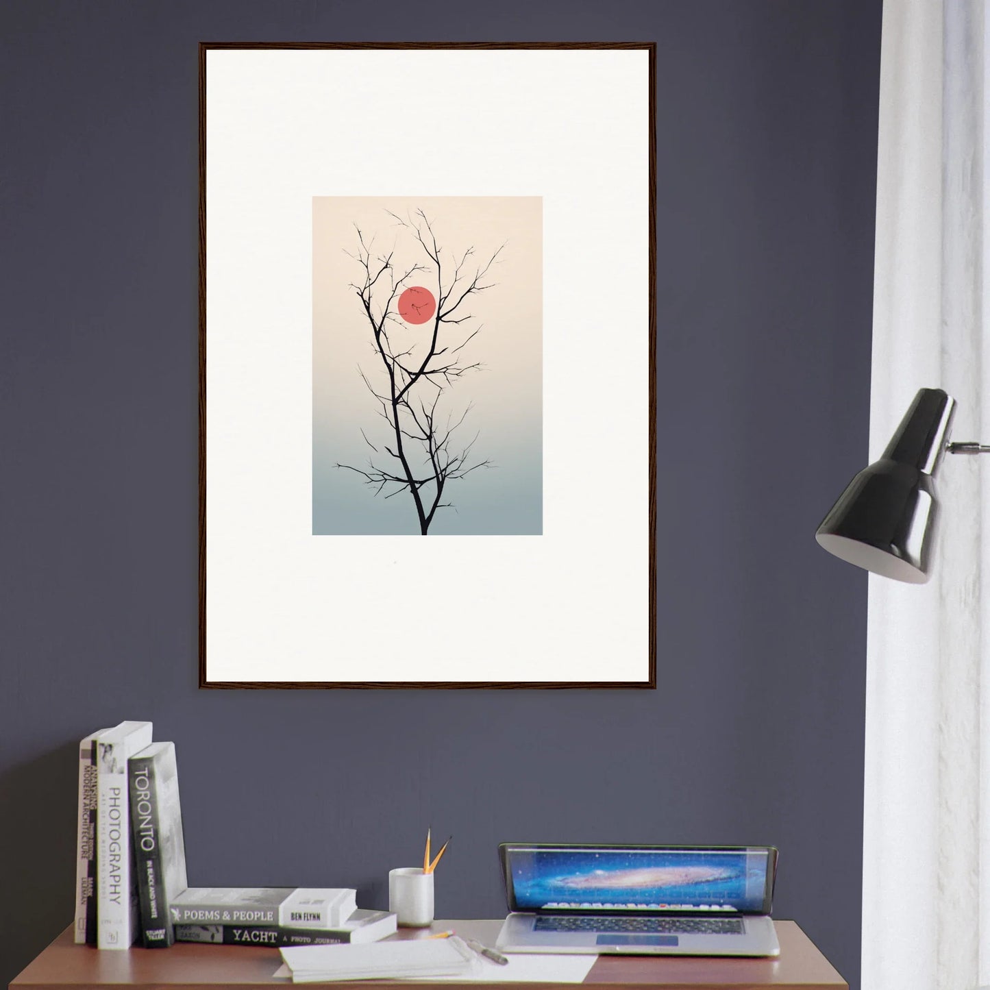 Minimalist wall art of a tree branch against a red sun for serene eclipse room decoration