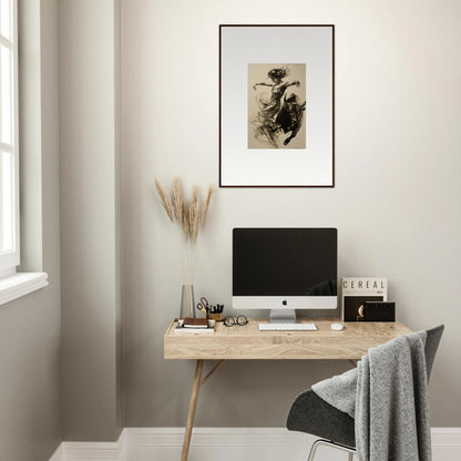 Minimalist wooden desk with iMac and simple decor, featuring Resilient Dancer Flame art