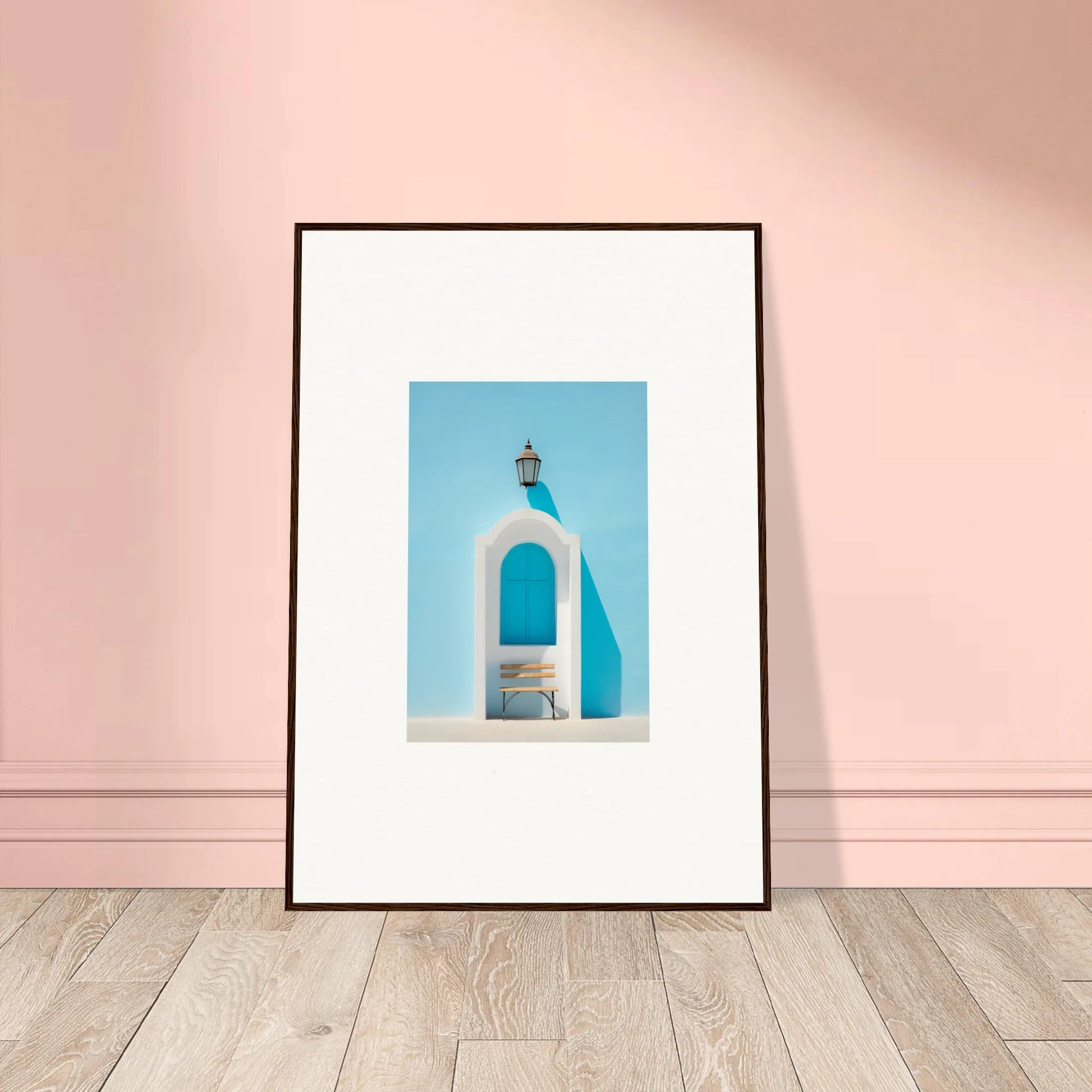 Framed wall art of an ethereal Mediterranean Pause with a white church bell tower