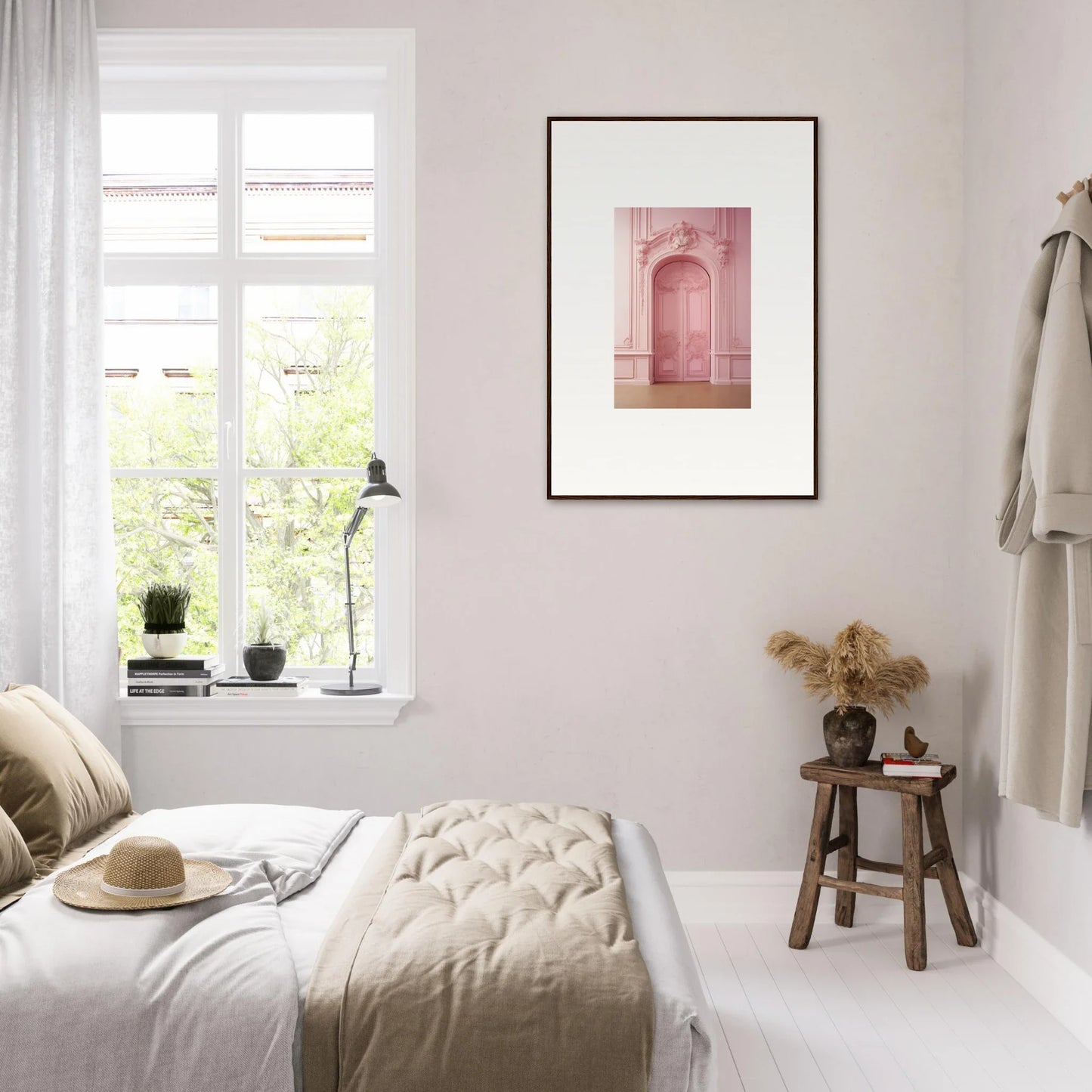 Minimalist bedroom in neutral beige and white with Gentle Whims Myths special edition art™