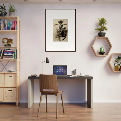 Modern home office with Resilient Dancer Flame framed wall art and stylish furniture