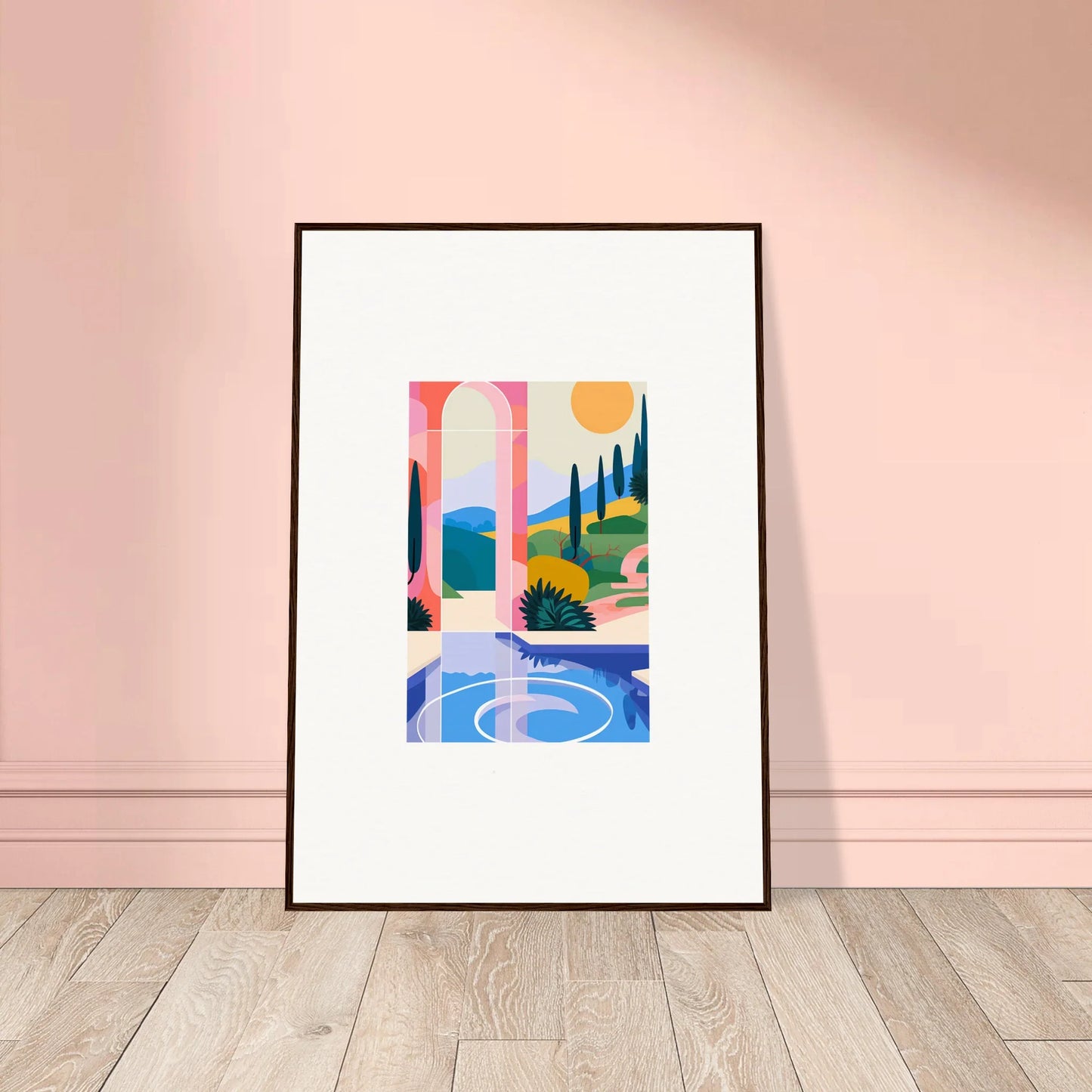 Framed canvas print of geometric wall art in a sunlit Mediterranean landscape