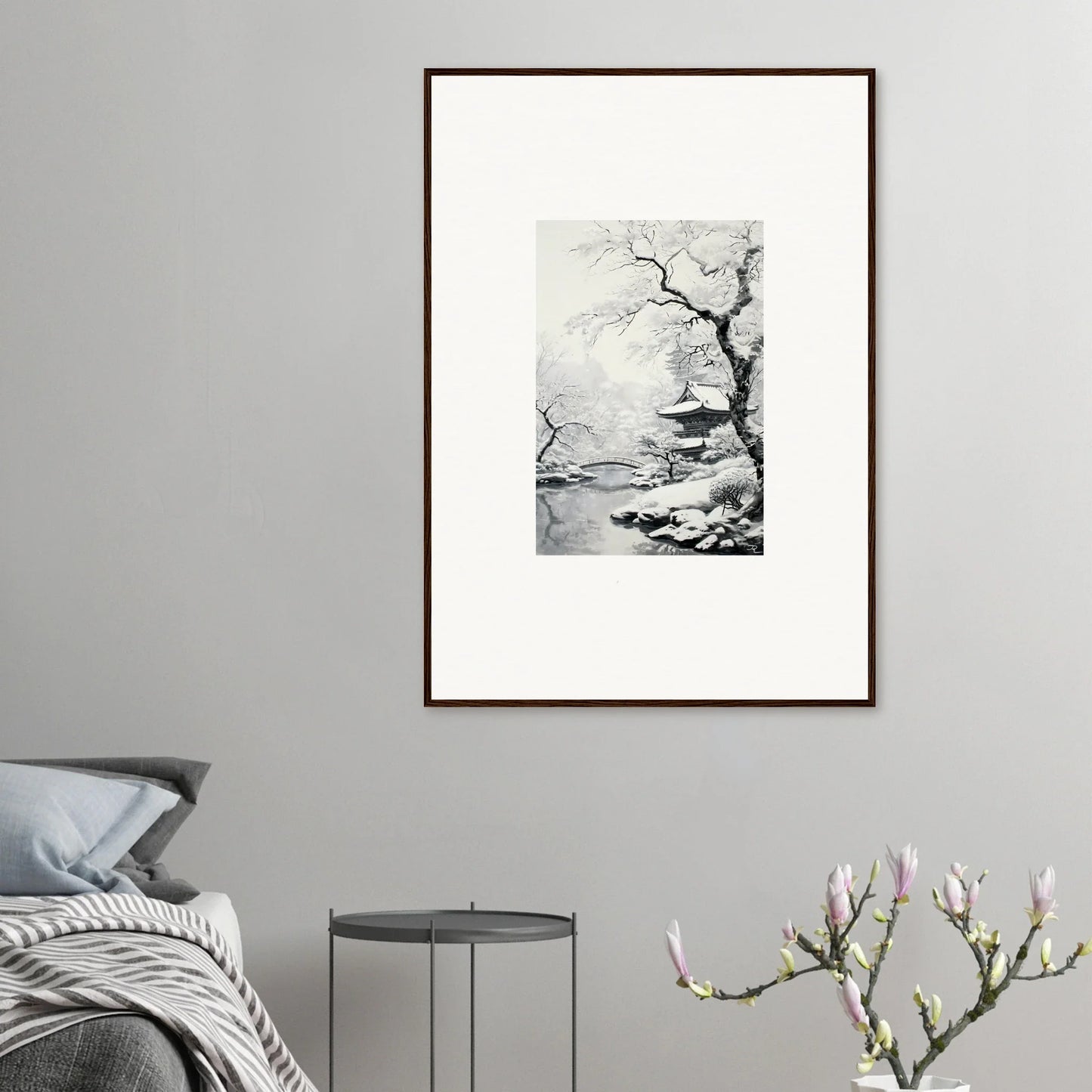 Framed black and white Winter Embrace Whisper art of a bare tree in misty winter