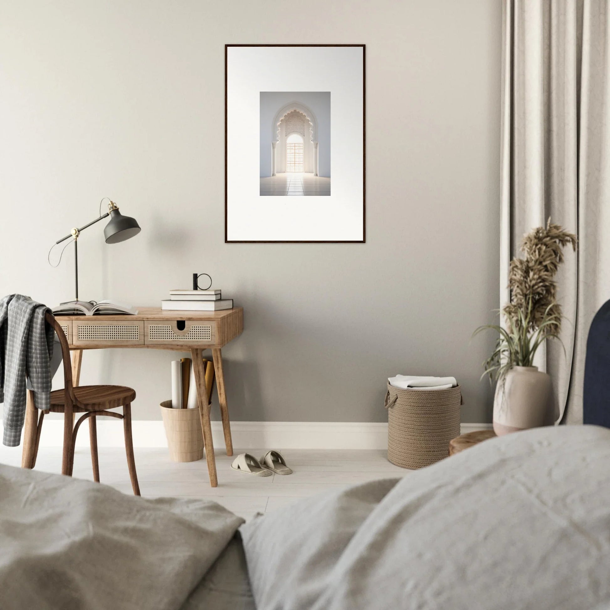 A cozy minimalist bedroom featuring a wooden desk and framed artwork from Threshold Dreamscapes