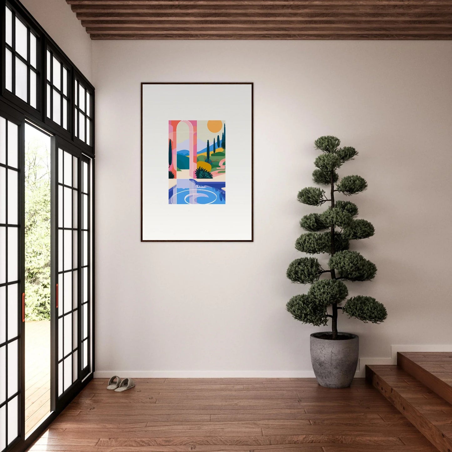 Framed abstract wall art ’Sunlit Oasis’ with vibrant colors for stylish room decoration