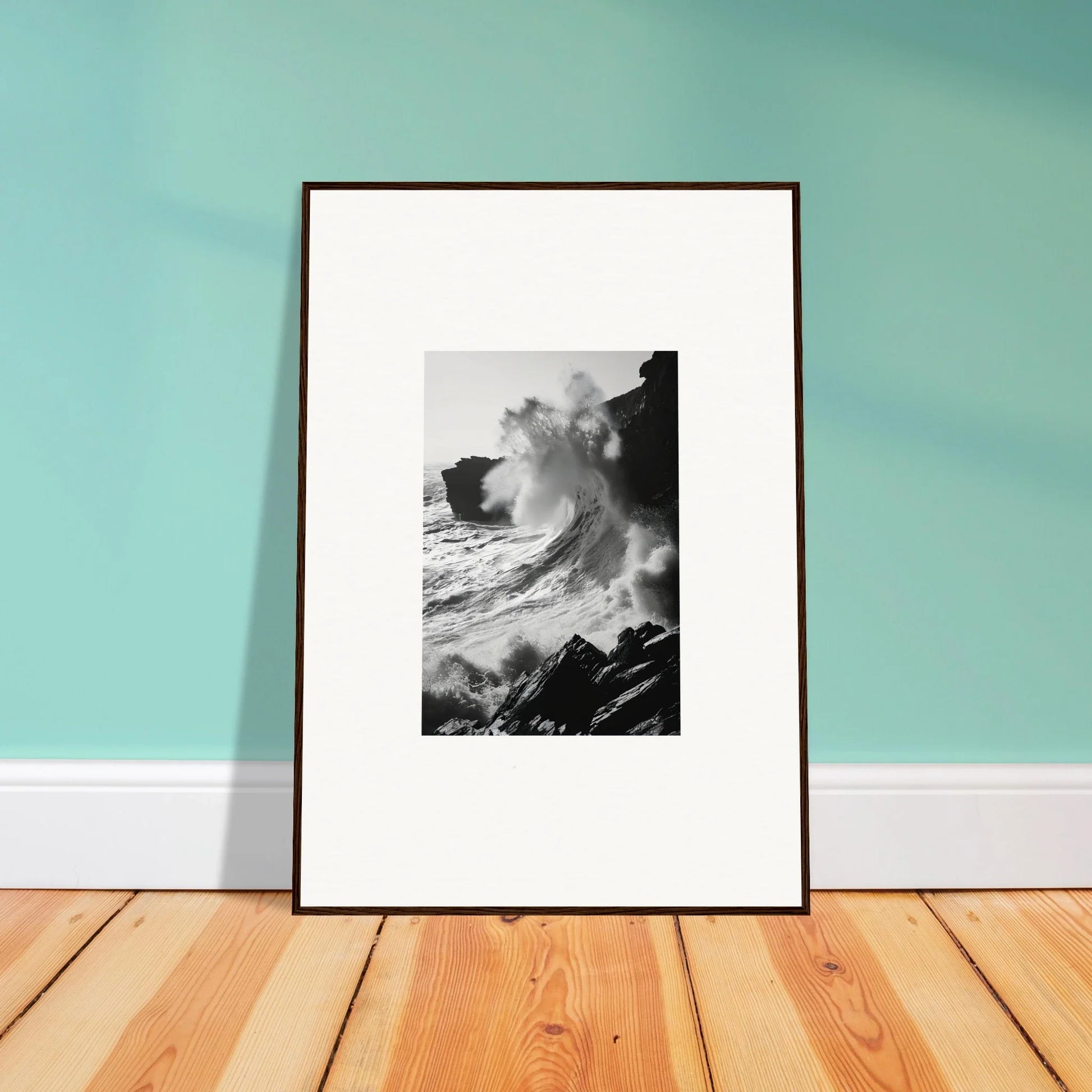 Framed black and white photo of ocean waves for Incandescent Wave Tribute art