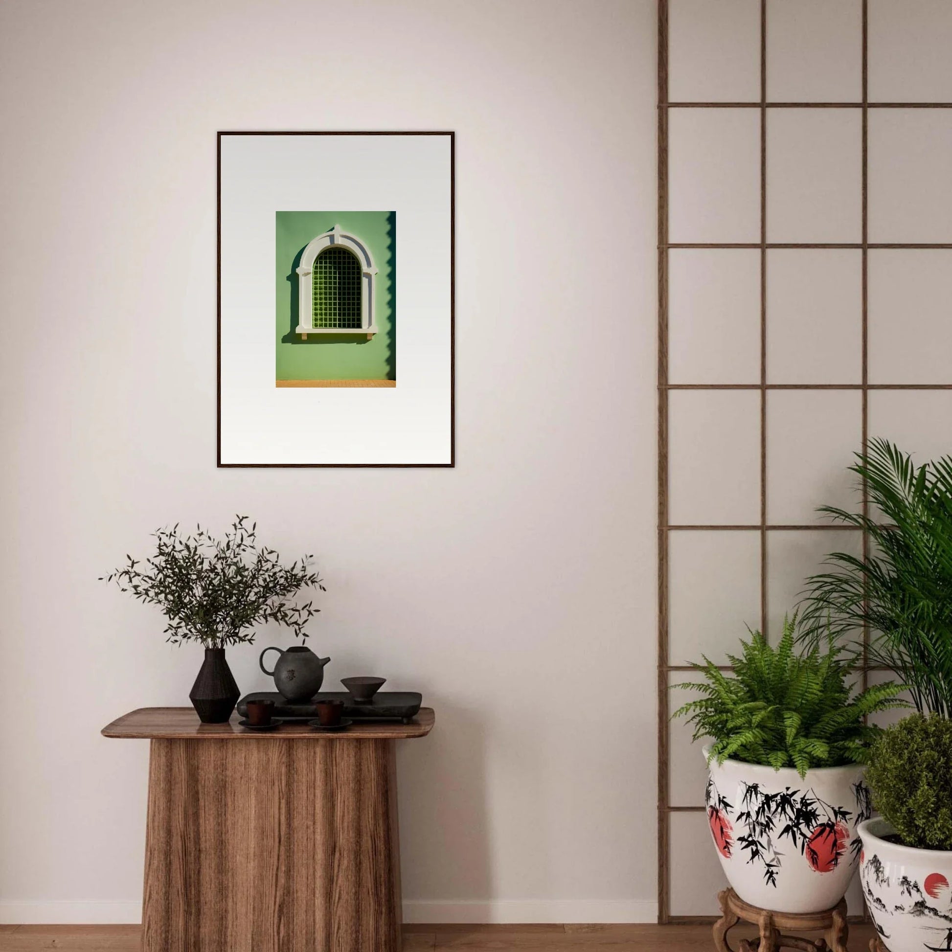 Framed Visible Equilibrium Window featuring a green arched design on a white wall