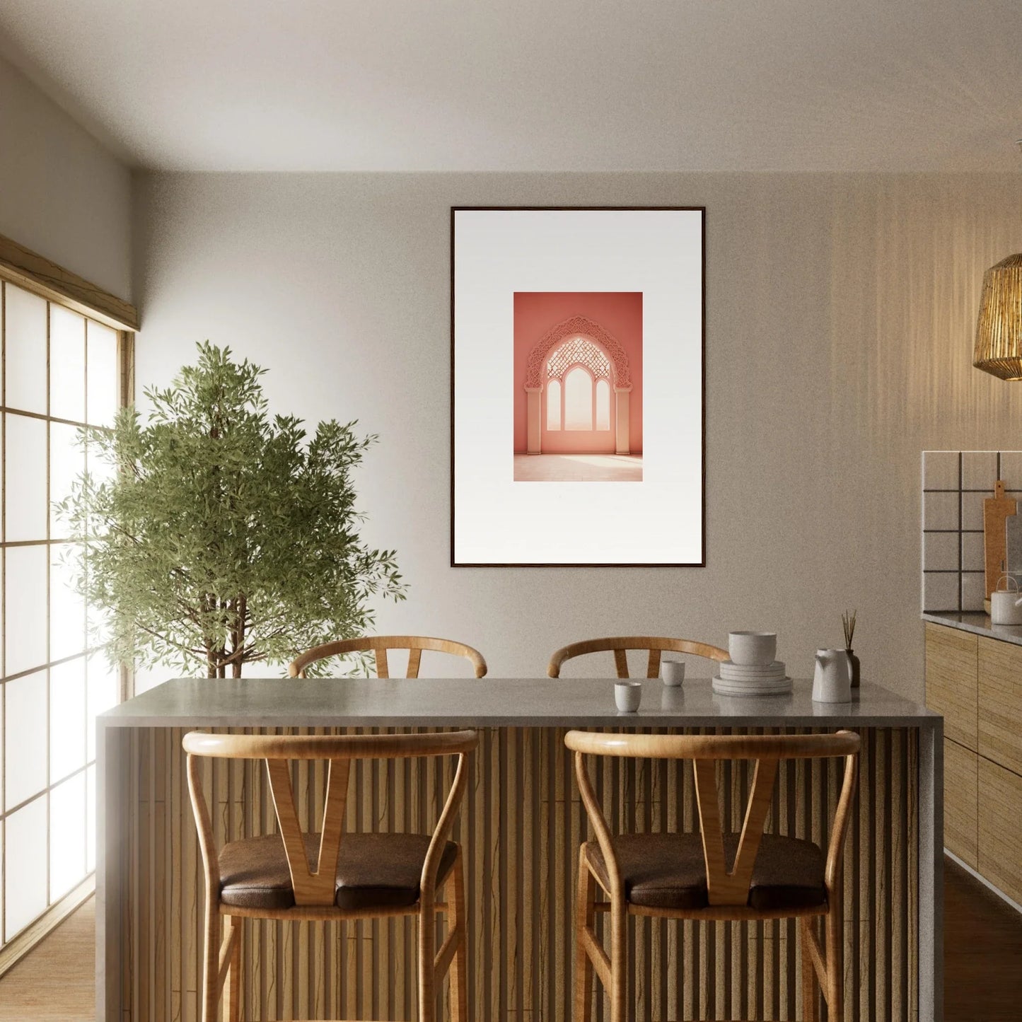 Minimalist dining table with wooden chairs and potted olive tree in Versaille Sunset Reimagined