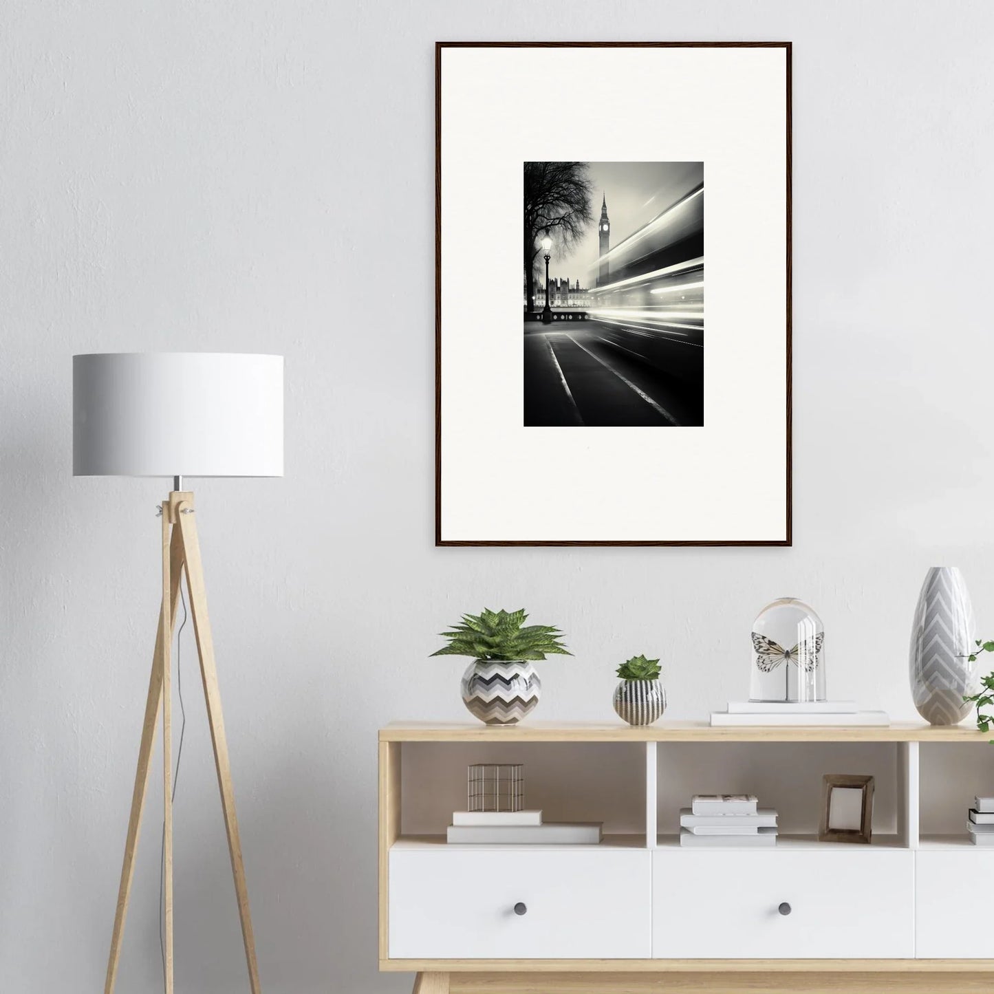 Framed black and white urban photo with light trails, Fluid Timeless Pulse art