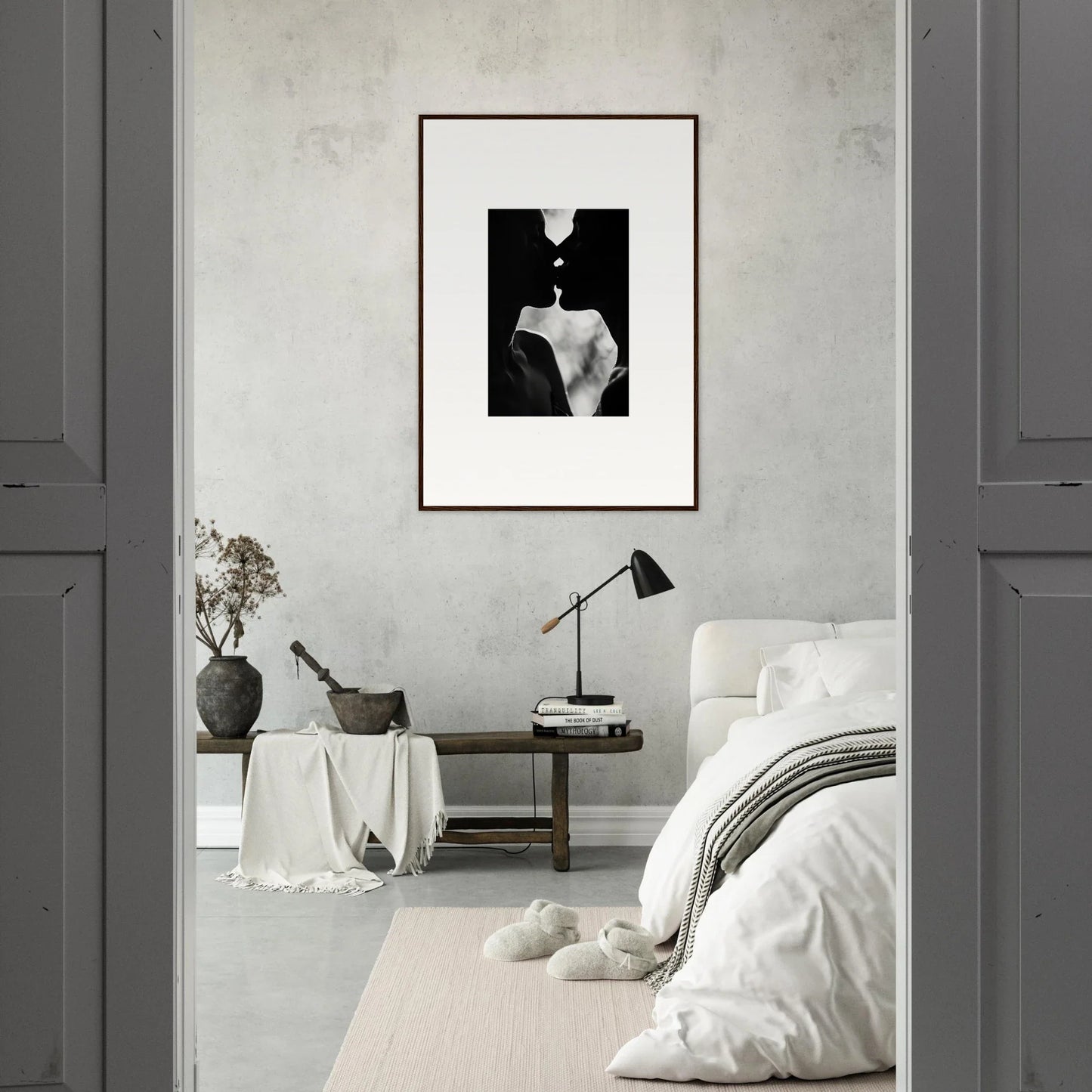 Minimalist black and white bedroom featuring Shadowy Dawn Nuance framed wall art