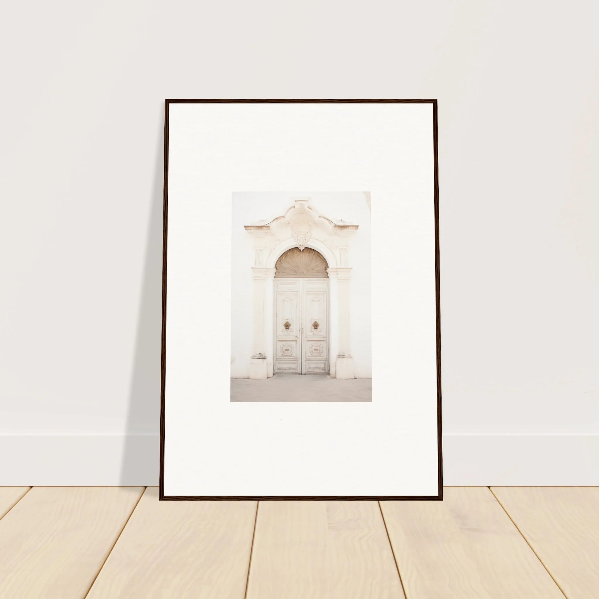 Framed wall art of an ornate white door in Faded Elegance Whispers special edition art™