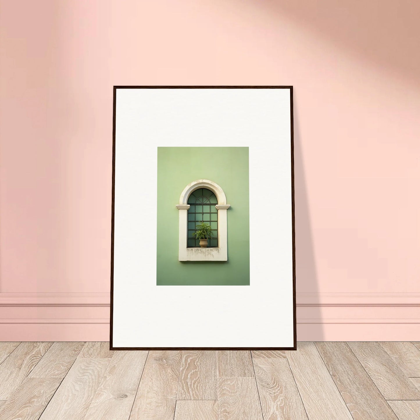 Framed wall art of an arched window with ironwork in Eggshell PandæmonIA Bliss