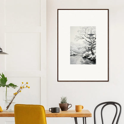 Framed wall art of a winter tree by a stream from Timeless Snow Fables collection