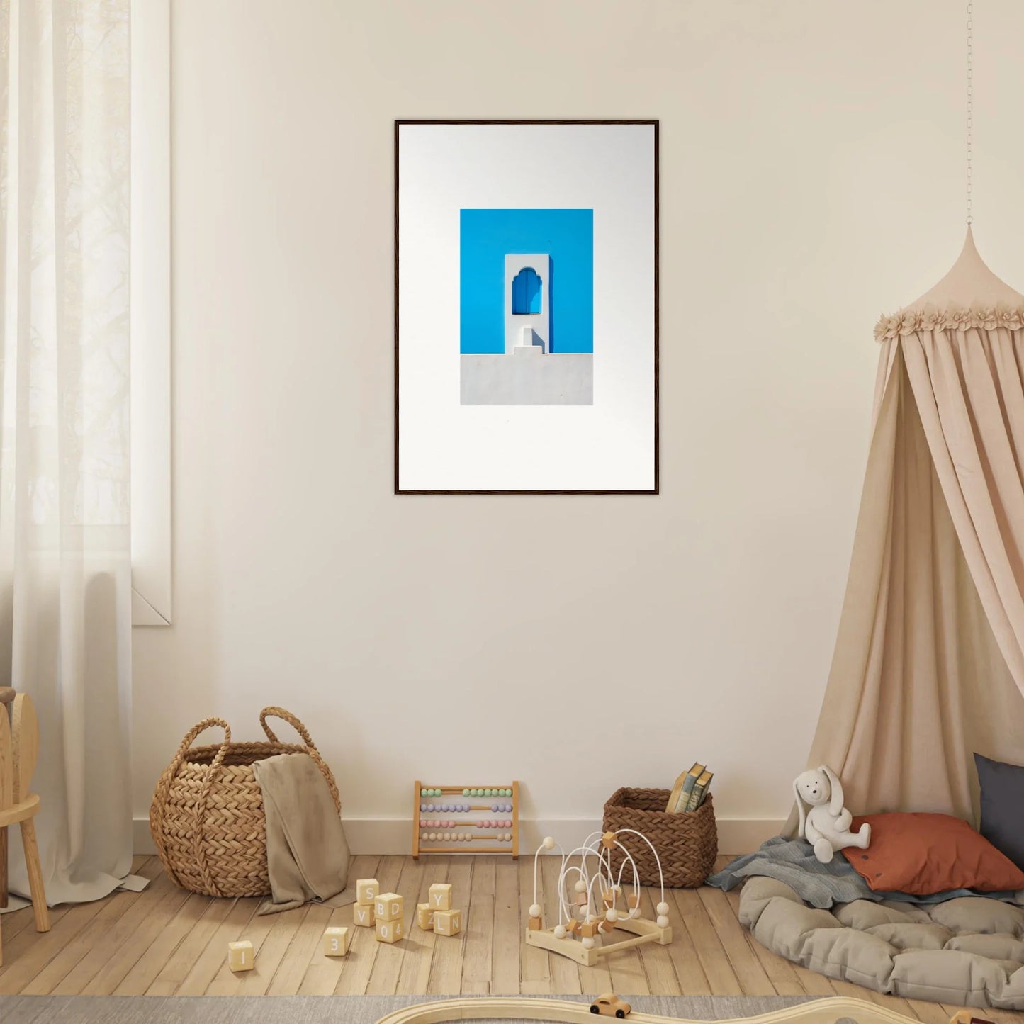 Framed minimalist art print of bright blue archway in Oikos Cerulean Aperturearches