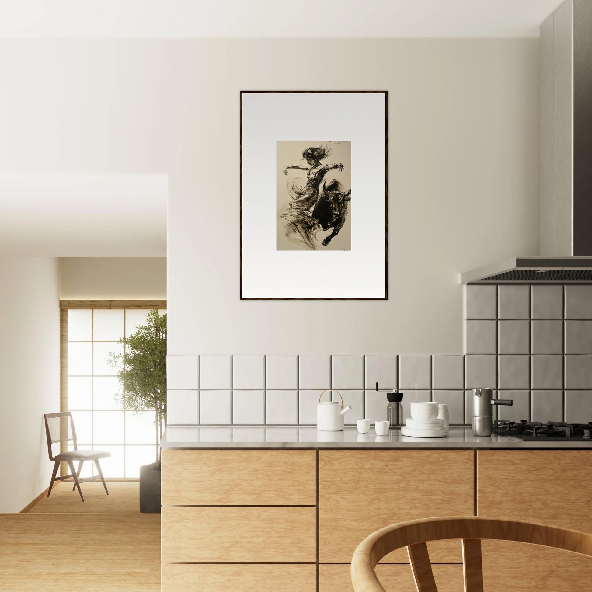 Modern kitchen featuring light wood cabinets and Resilient Dancer Flame framed wall art