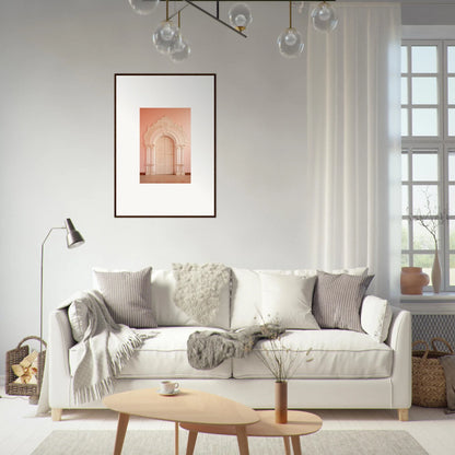 White sofa with gray and cream pillows in Patio Reverie Sleutelenv for cozy vibes