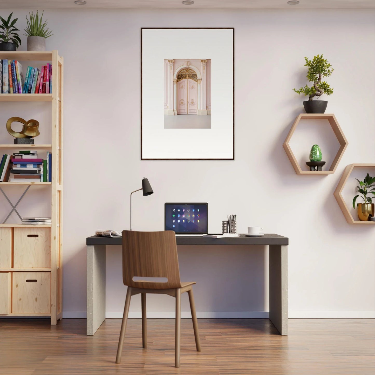 Simple wooden desk with black tabletop and laptop, perfect for showcasing Premium Framed Wall Art