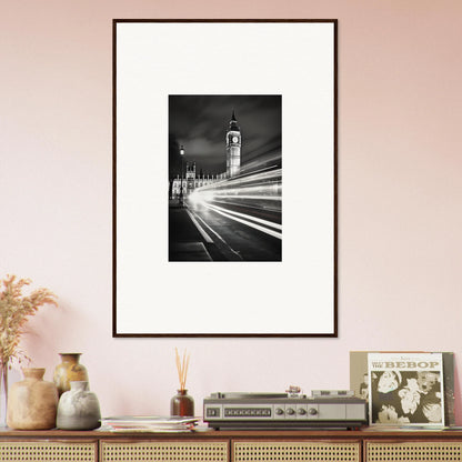 Framed black and white Big Ben photo with light trails, a must-have for premium framed wall decor