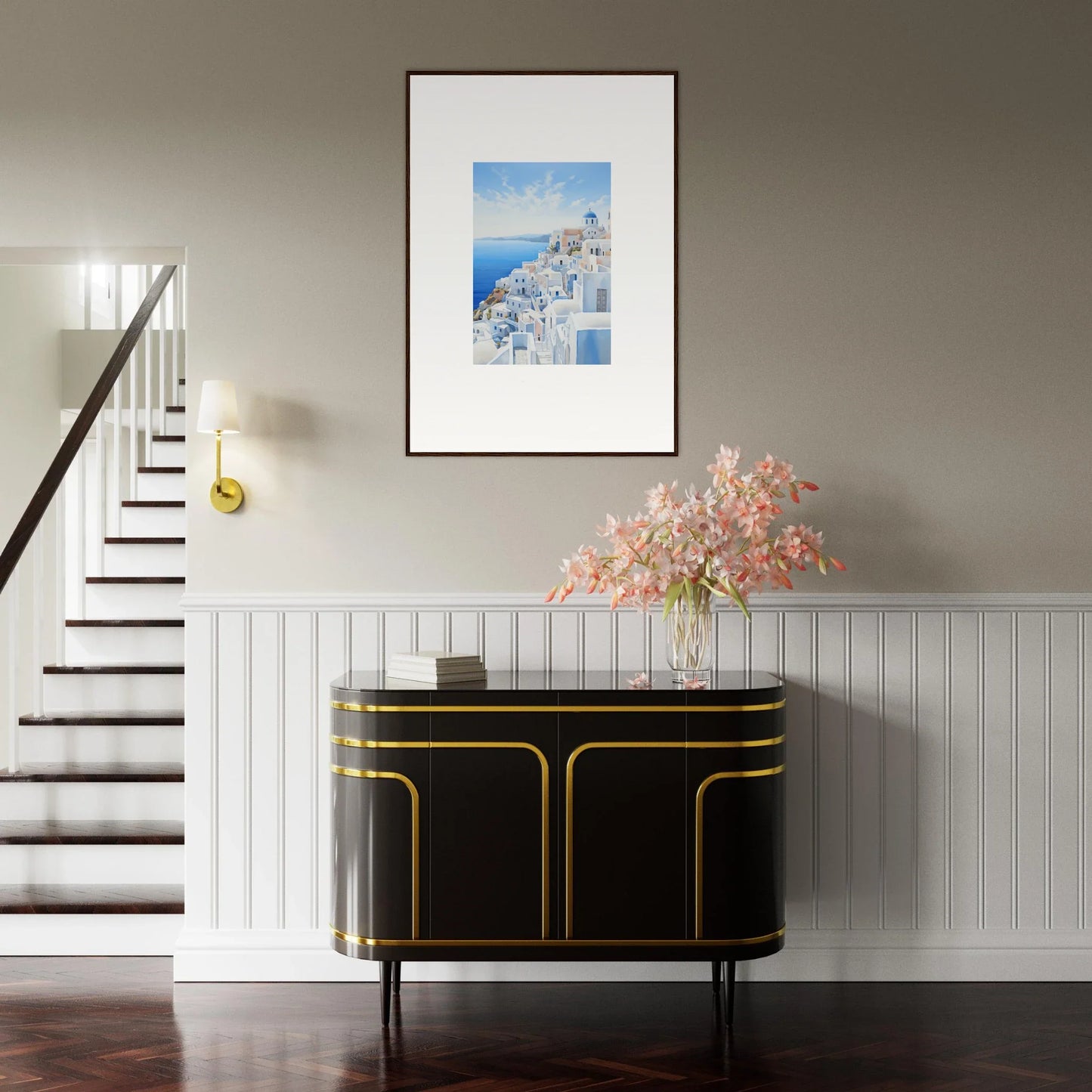 Art Deco black credenza with gold trim from the Elysian Horizon Vortex collection