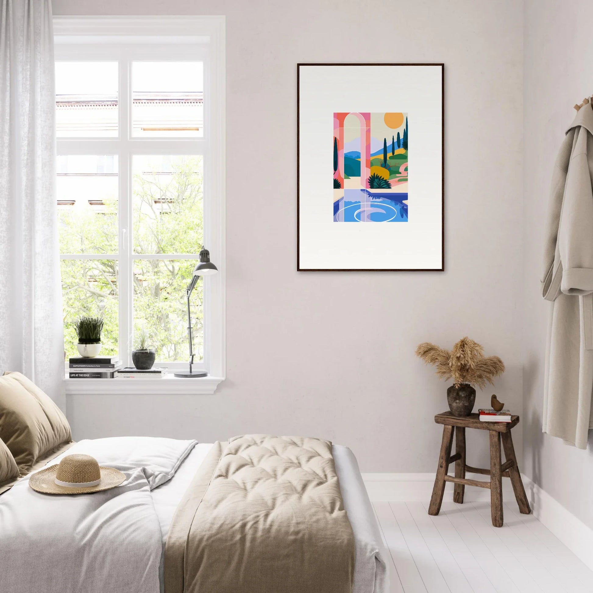 Colorful abstract wall art in a black frame, perfect for room decoration in Sunlit Oasis