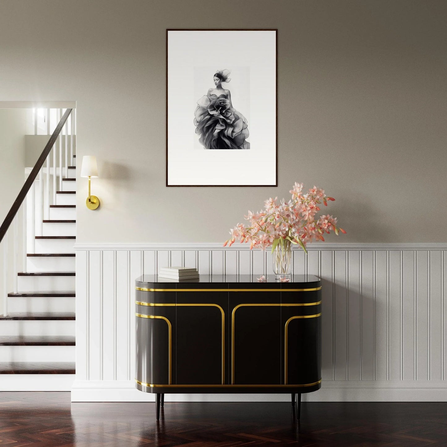 Art deco black credenza with gold trim from the Ephemeral Orchard Whispers collection